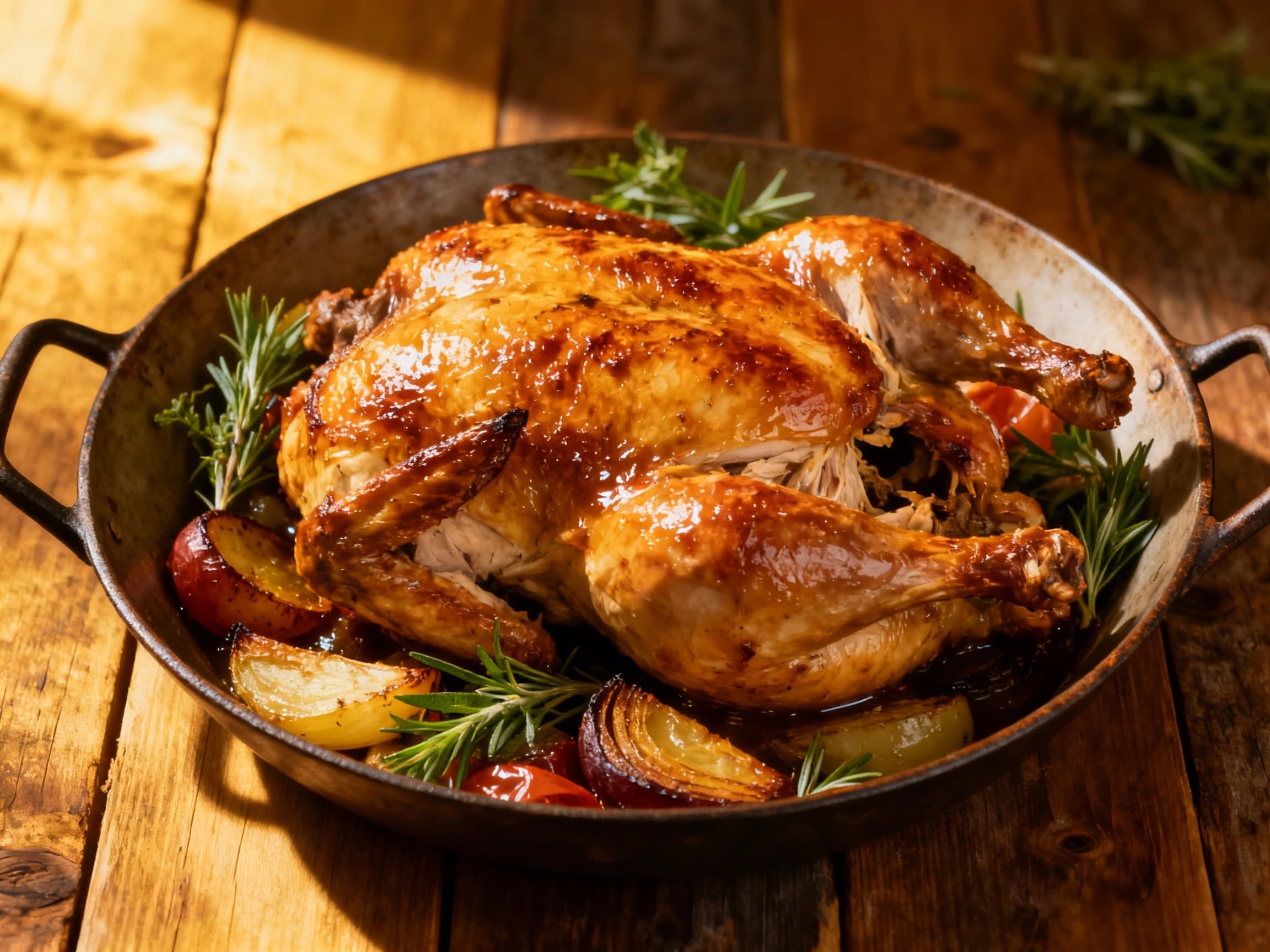 Tender chicken and pork, roasted to a golden brown and glistening, are piled high on a rustic wooden board alongside roasted root vegetables, evoking a cozy, traditional feast.