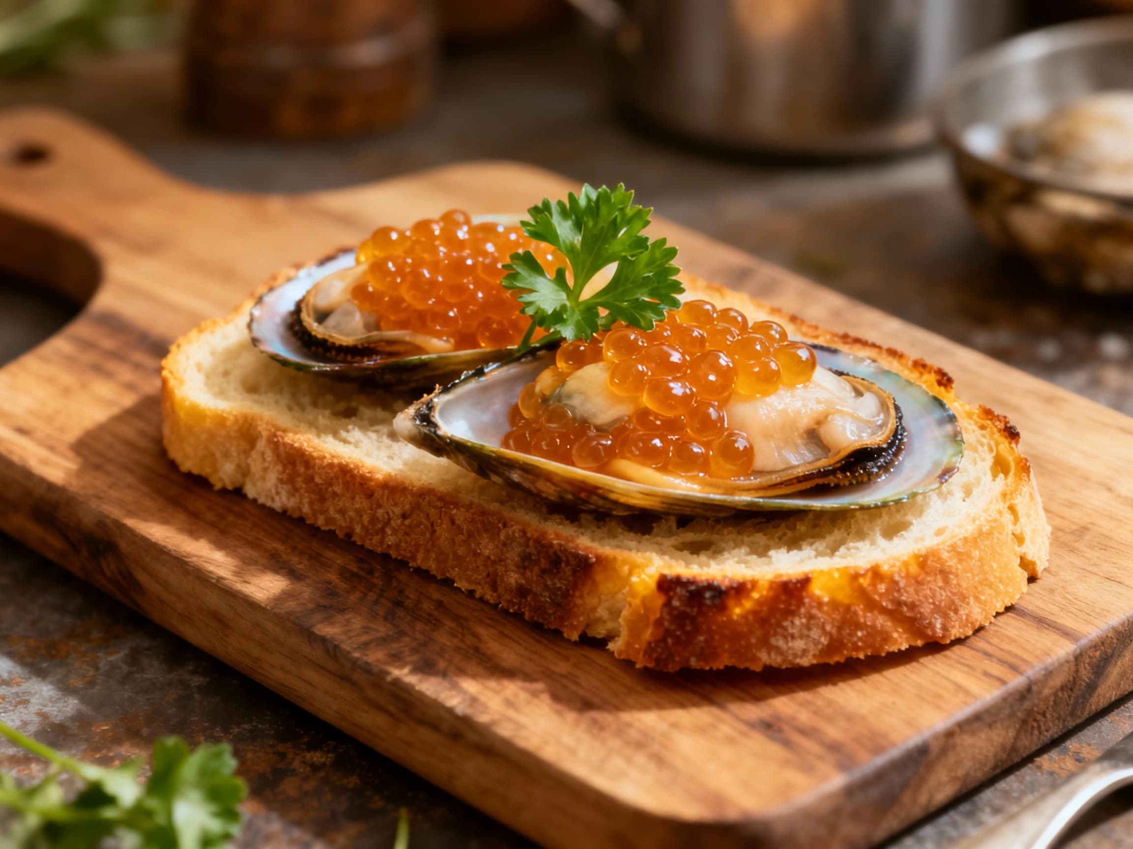 Thinly sliced, glistening salmon roe is artfully perched atop thick pieces of golden-brown toast, sprinkled with fresh dill for a vibrant green garnish.