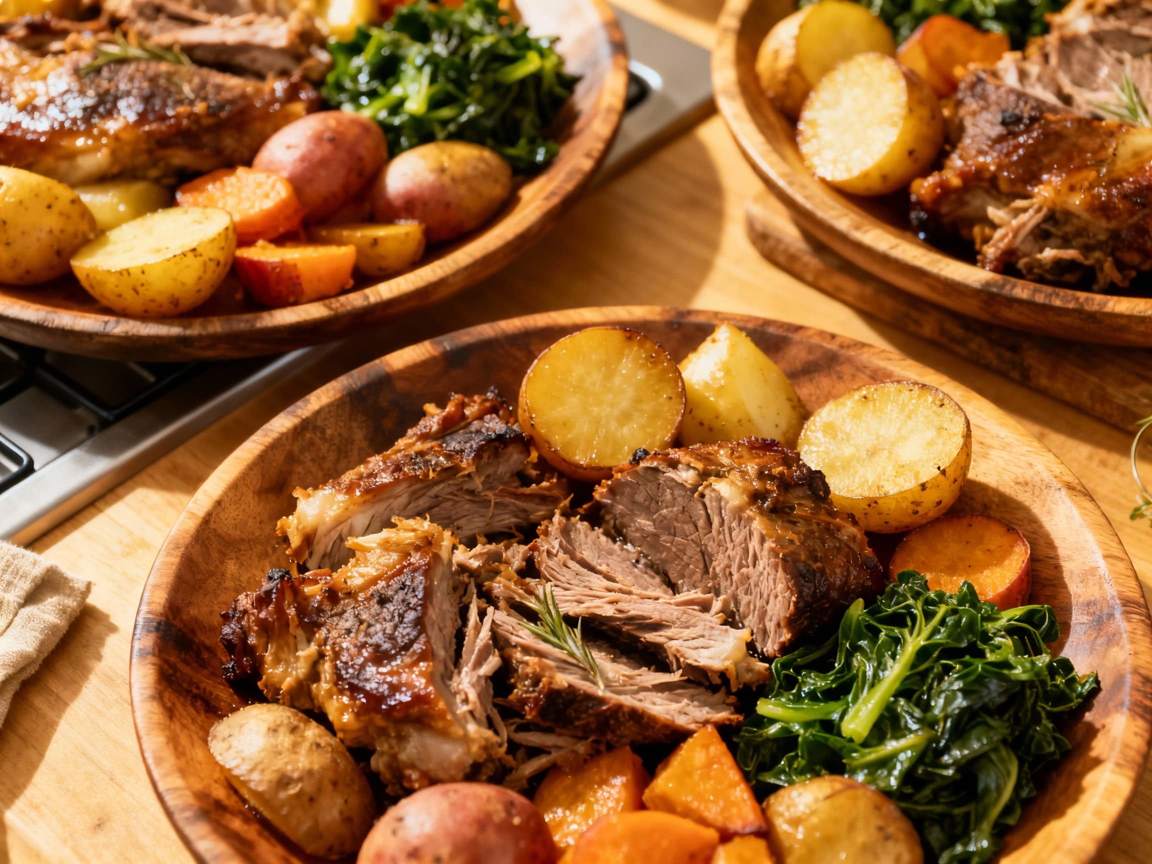 A generous spread of tender, slow-cooked meats and root vegetables, reminiscent of a traditional Hangi, is artfully arranged on a rustic platter, glistening under warm light.