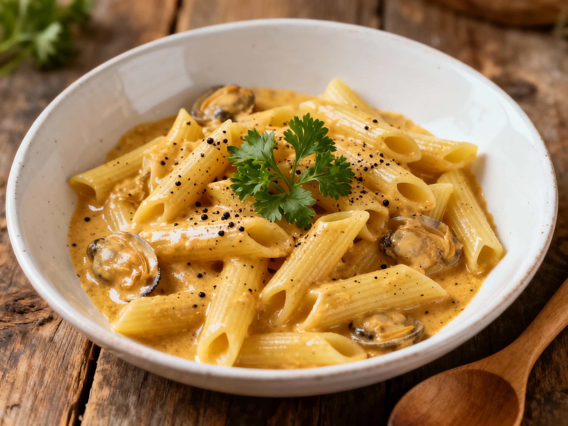 Tender pasta coated in a rich, creamy kina sauce, garnished with fresh herbs and a sprinkle of chili flakes, sits invitingly on a rustic table.