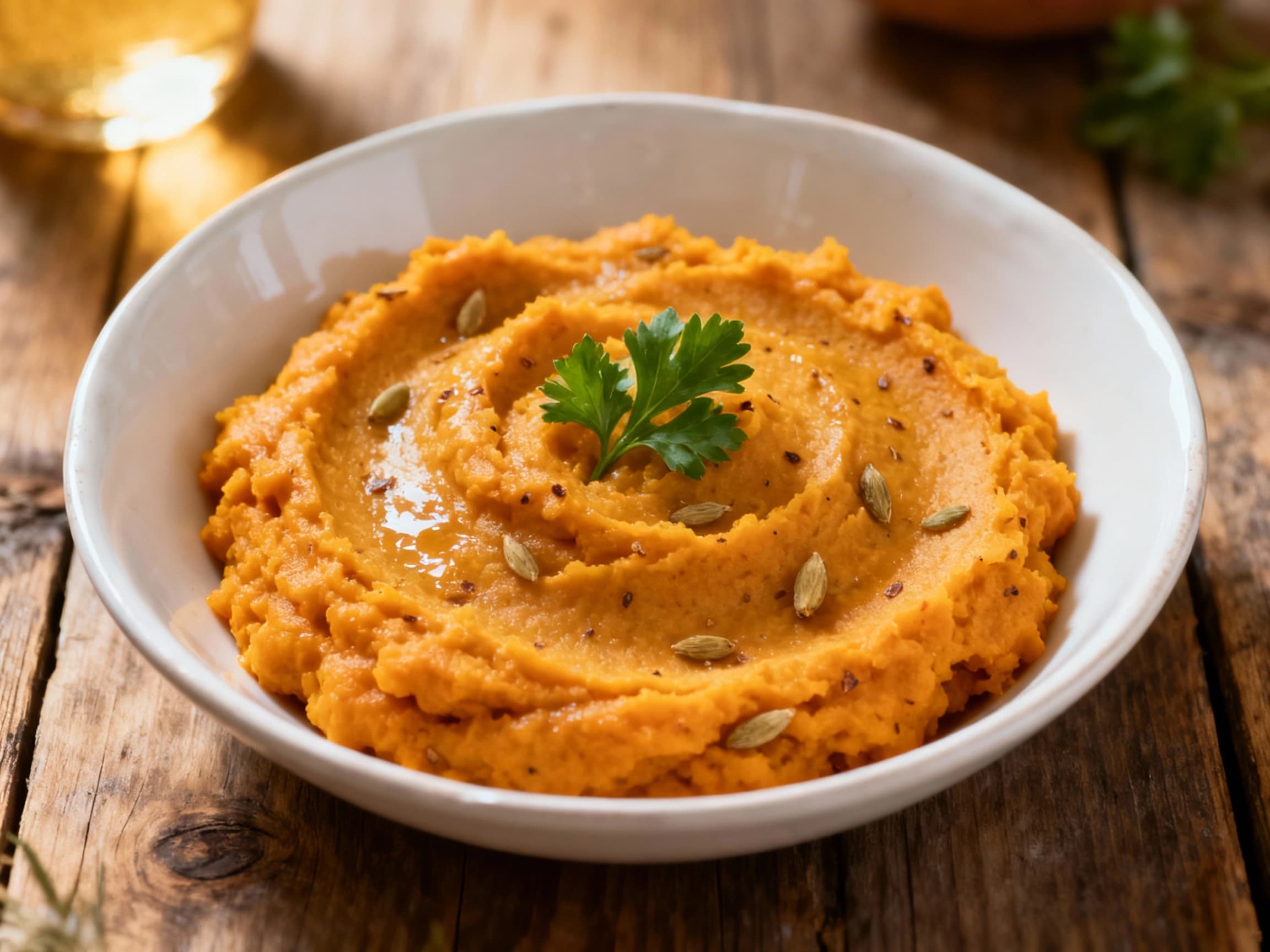 A beautiful mound of smooth, golden kumara mash is generously sprinkled with freshly grated nutmeg, creating a comforting and inviting presentation.