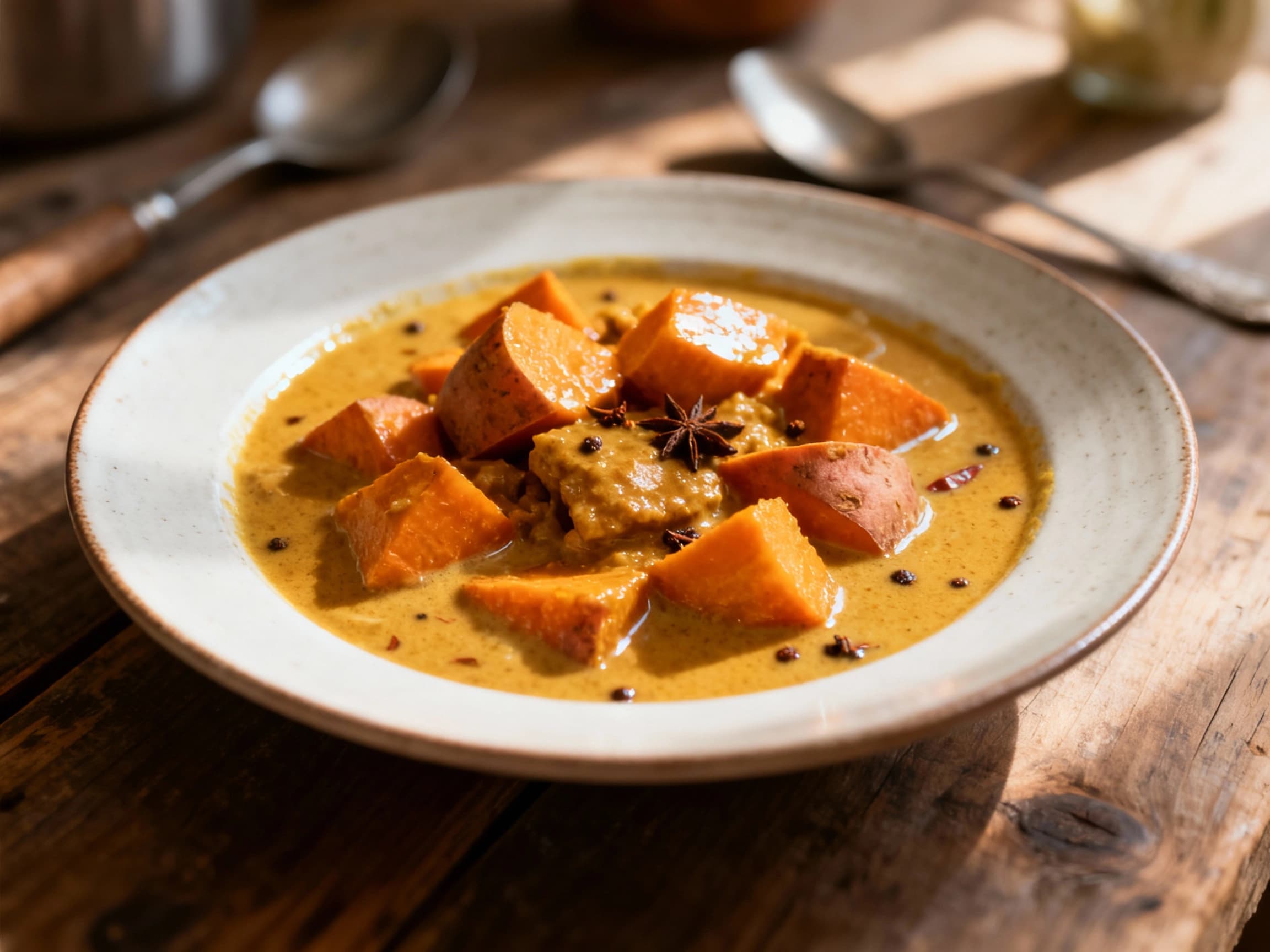 A thick, golden kumara and coconut curry stew simmers gently in a rustic white bowl, topped with fresh cilantro and a swirl of coconut cream.