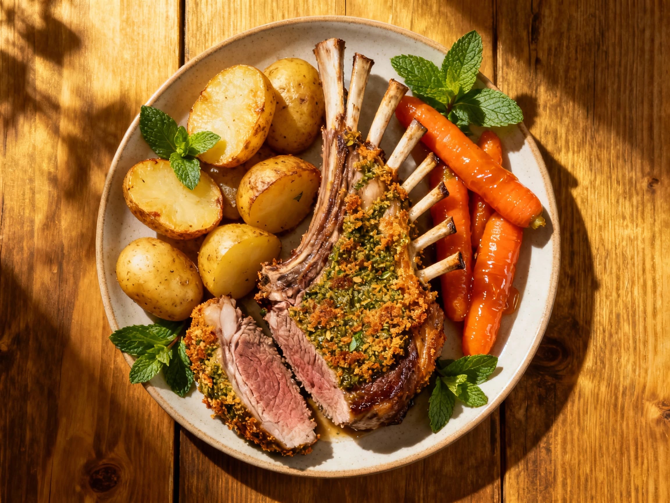 Tender lamb rack roast, coated in a vibrant green mint crust, rests on a rustic wooden board, glistening under warm light, ready to be carved.
