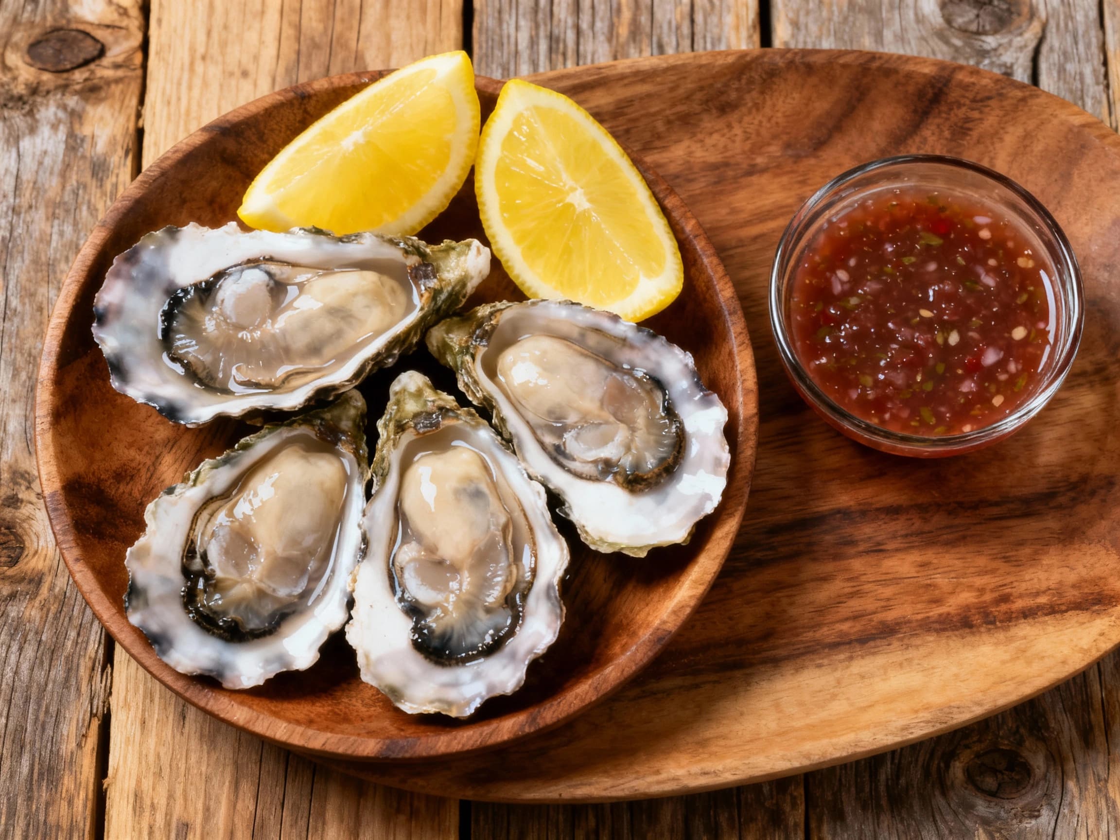 A dozen glistening raw Bluff oysters are artfully arranged on a bed of crushed ice, each topped with a lemon wedge and a sprinkle of vibrant mignonette sauce, ready to be enjoyed.