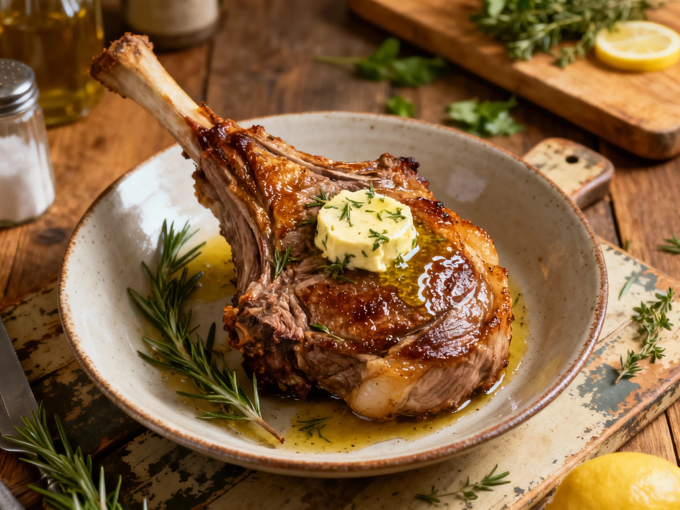 A golden-brown roasted leg of lamb rests on a white platter, glistening with herb butter and garnished with fresh rosemary sprigs and lemon slices.