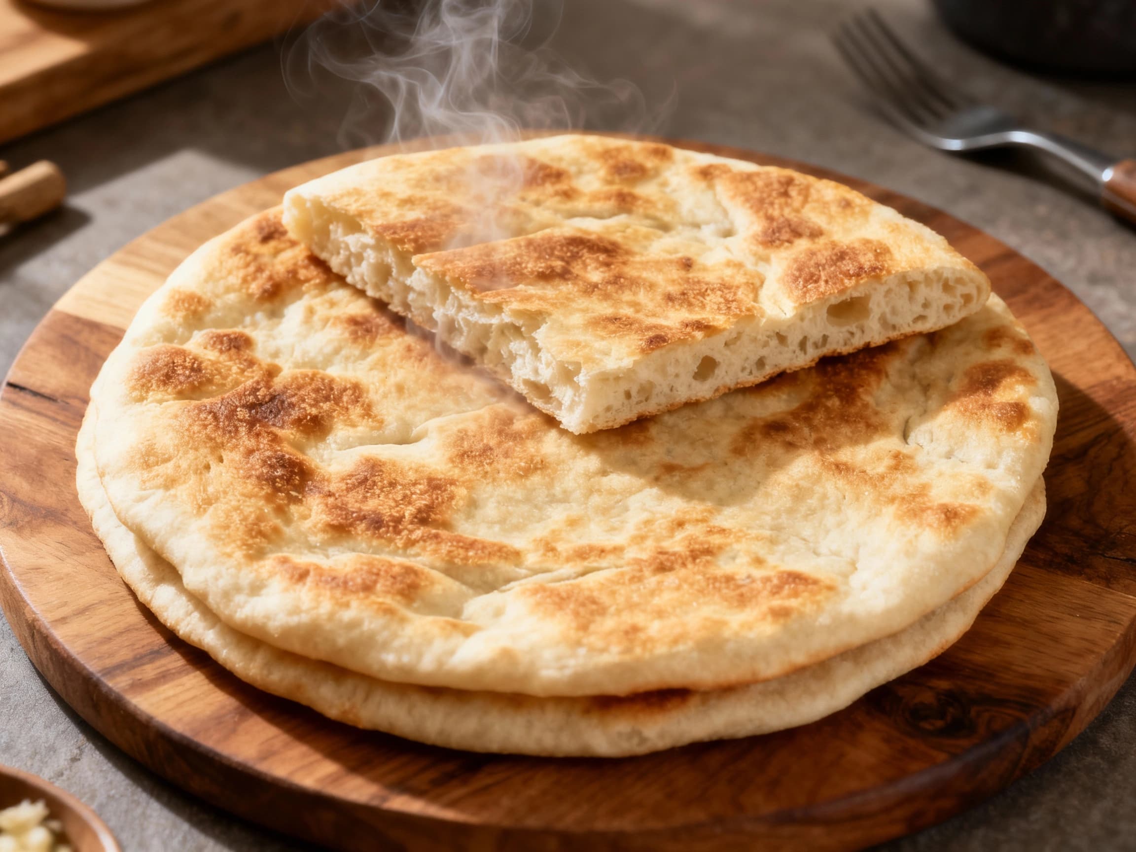 Golden-brown Rewena Parāoa flatbreads, glistening with butter and lightly dusted with flour, sit piled on a rustic wooden board, hinting at a warm, homemade delight.