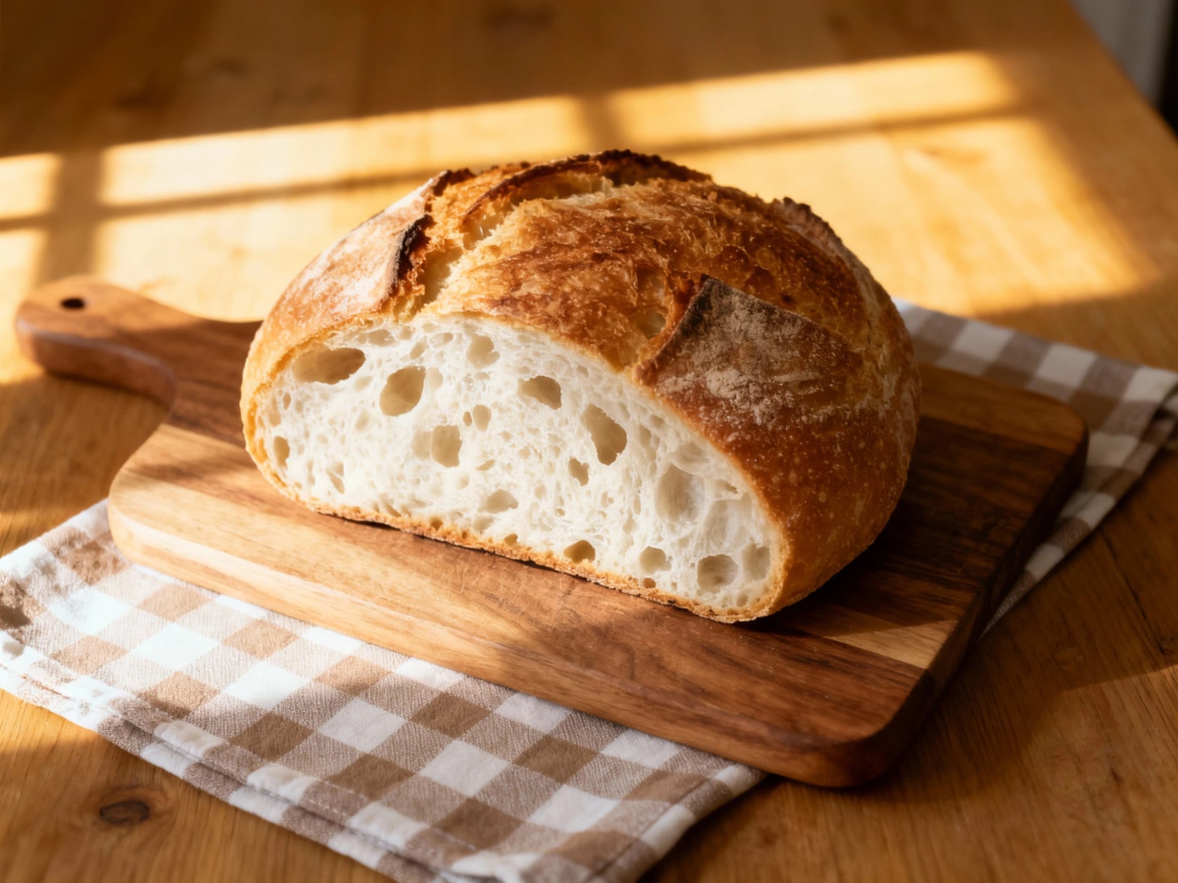 Golden-brown Rewena sourdough bread loaves, baked to perfection, rest on a rustic wooden board, ready to be sliced and enjoyed.