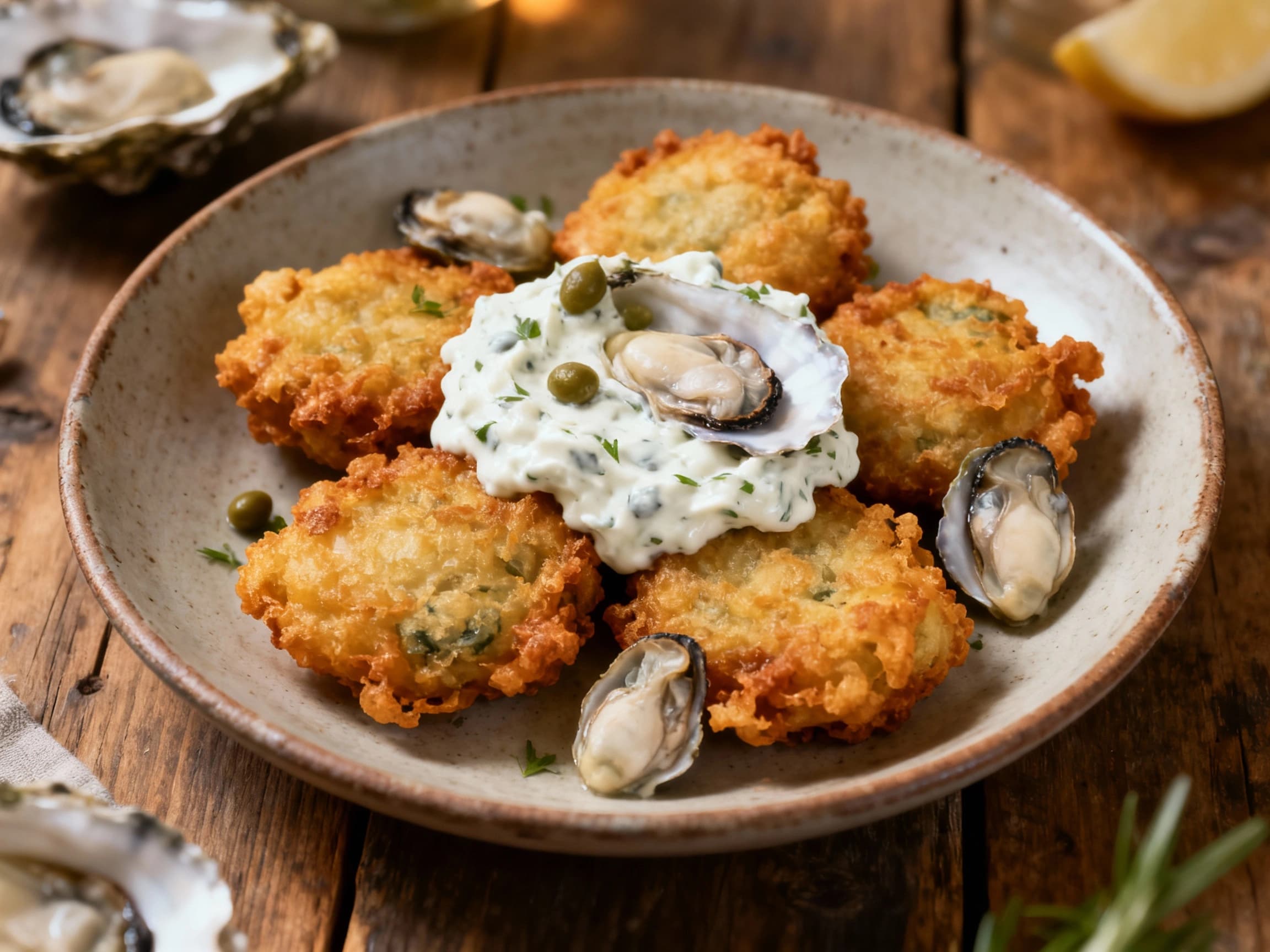 Golden-brown oyster fritters are piled high and drizzled with creamy tartare sauce, ready to be enjoyed.