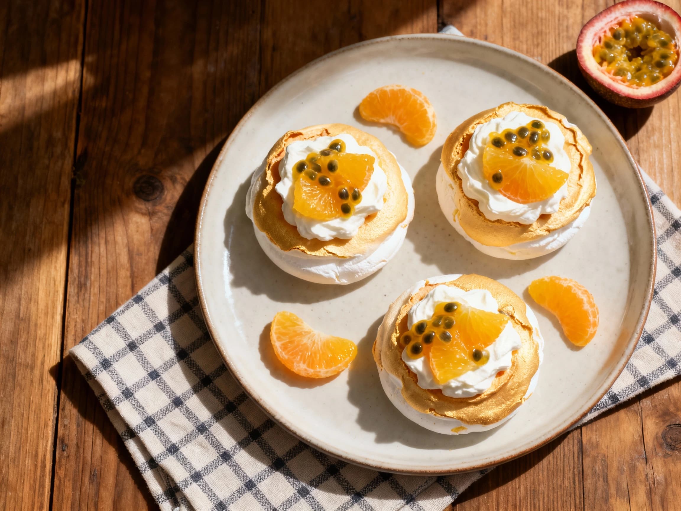 Delicate, crisp mini pavlovas are topped with vibrant passionfruit curd and refreshing citrus segments, glistening under soft studio lighting.