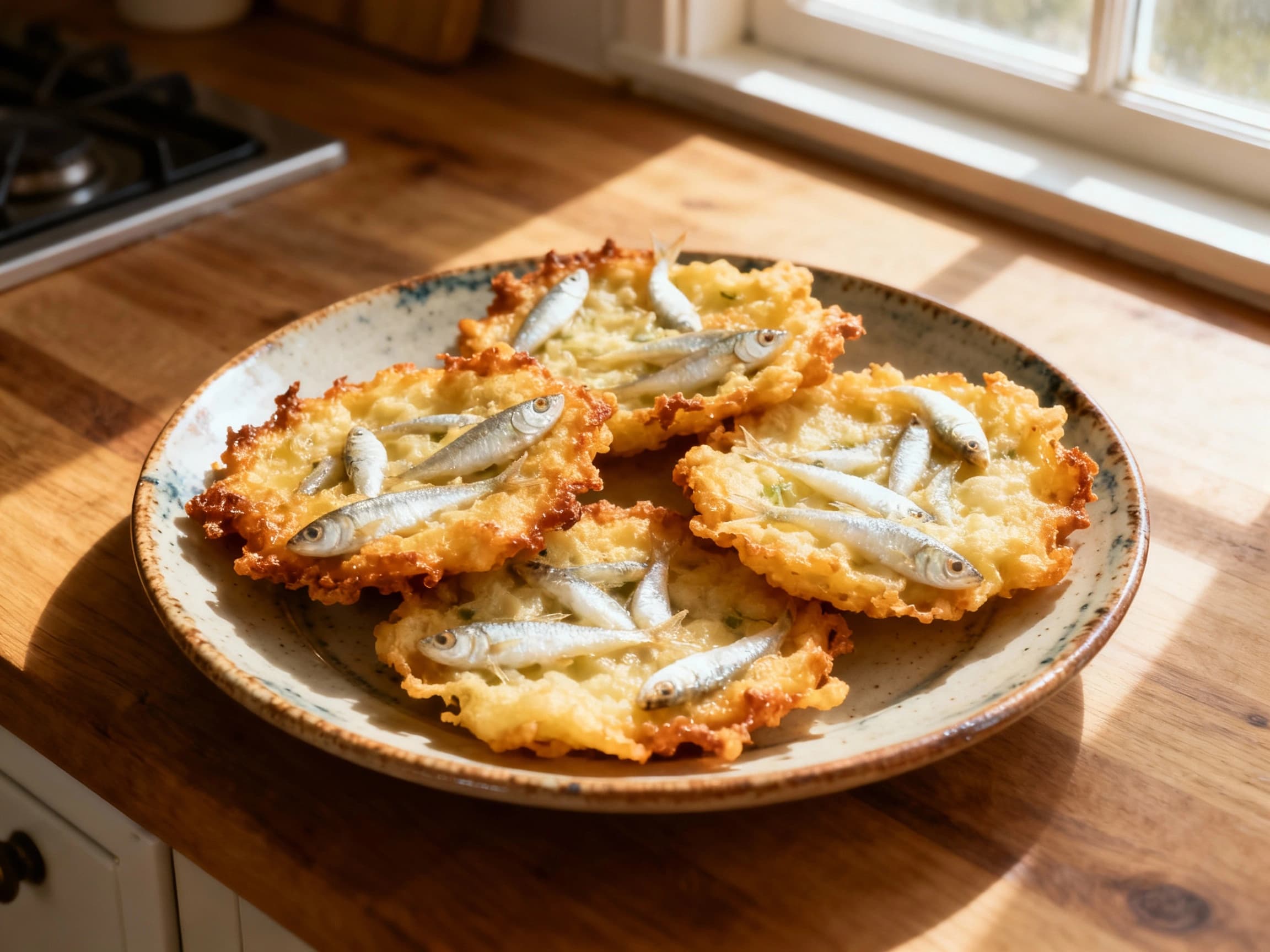 Golden-fried whitebait fritters, studded with delicate fish and lightly crisped, rest atop a rustic wooden board, promising a delightful taste of the sea.