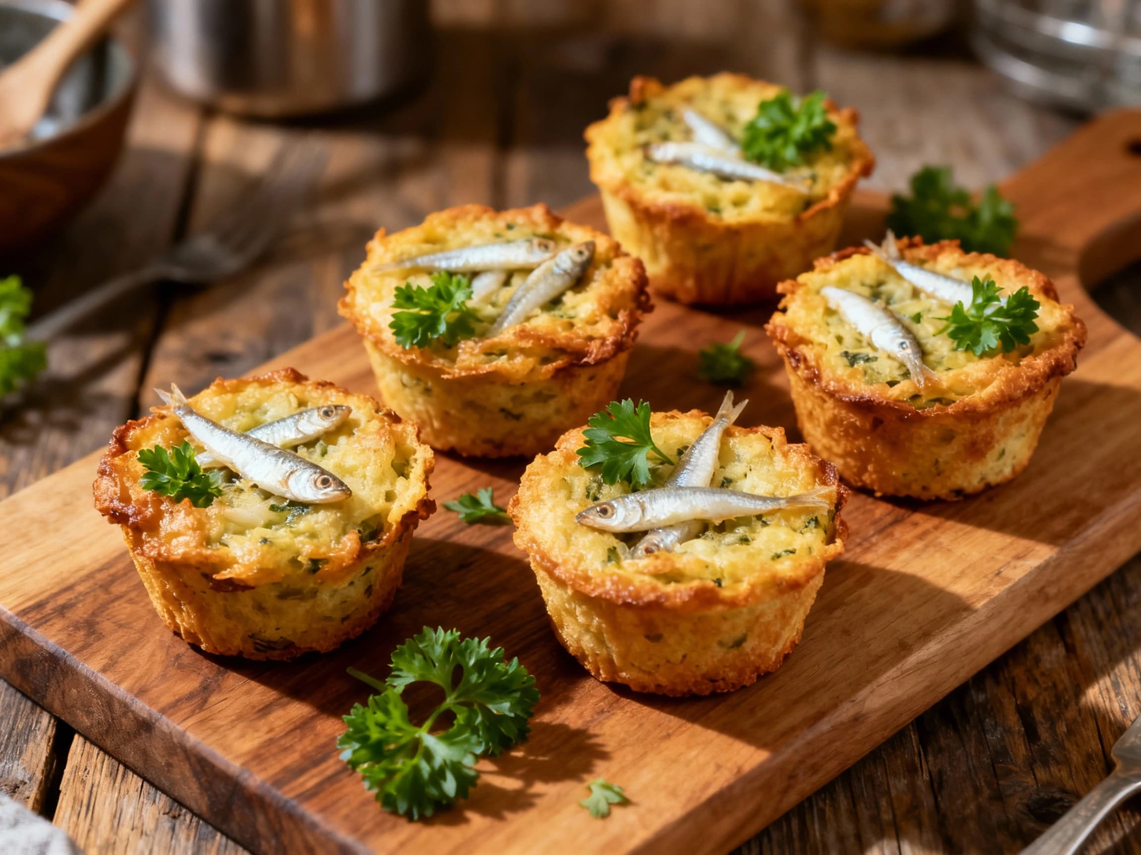 Golden-brown, savory fritter muffins studded with tiny whitebait are baked to perfection in a muffin tin, ready to be enjoyed as a delicious, bite-sized snack.