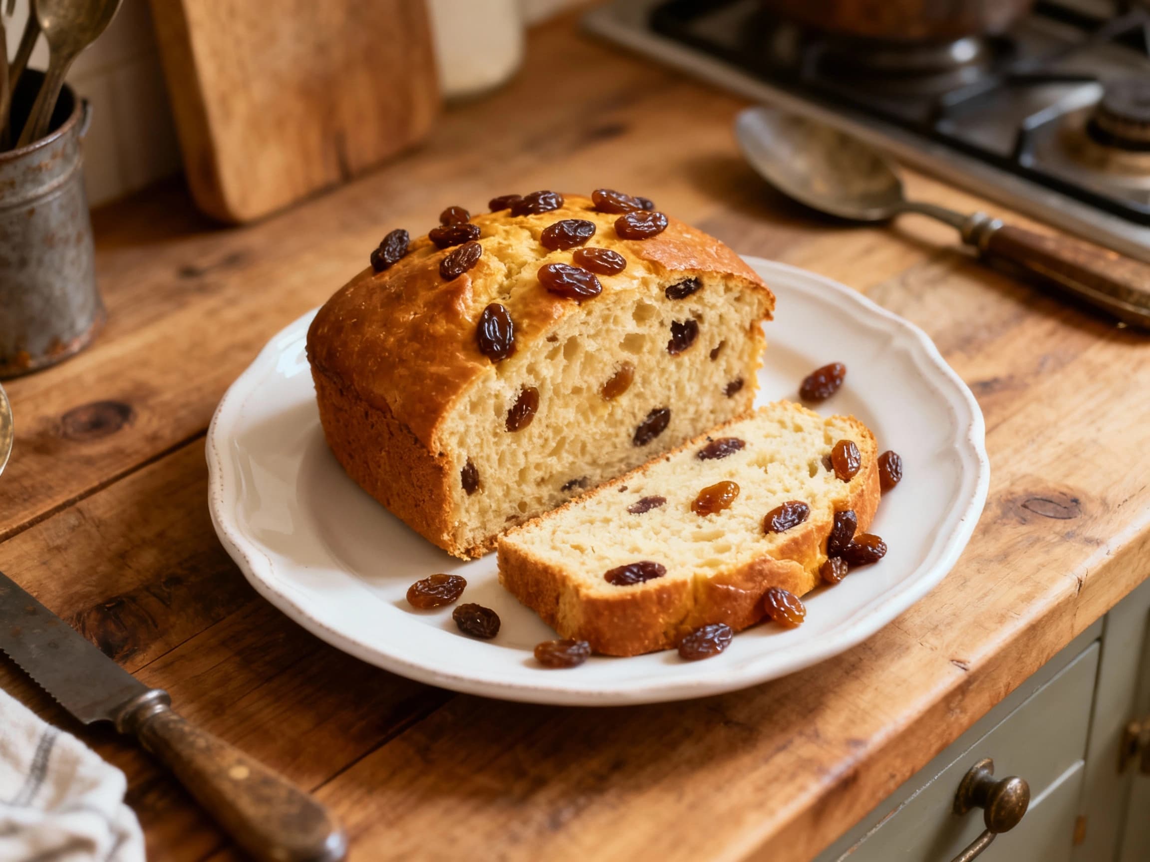 A golden-brown Rewena parāoa bread, studded with plump raisins, sits on a rustic wooden board, lightly dusted with flour, ready to be sliced and enjoyed.