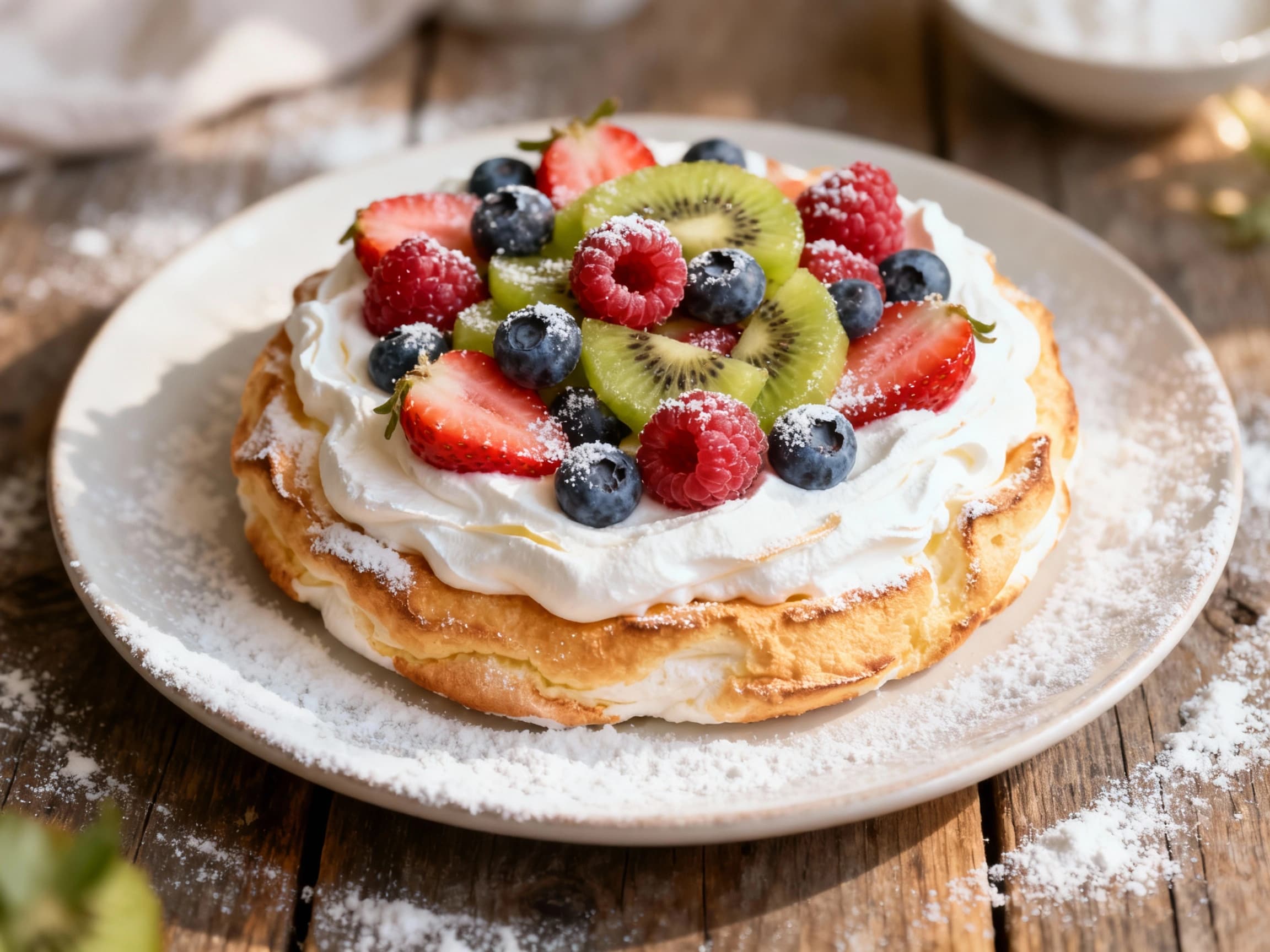 A fluffy, white meringue base topped with vibrant fresh berries and whipped cream sits on a simple white plate, glistening under soft light.