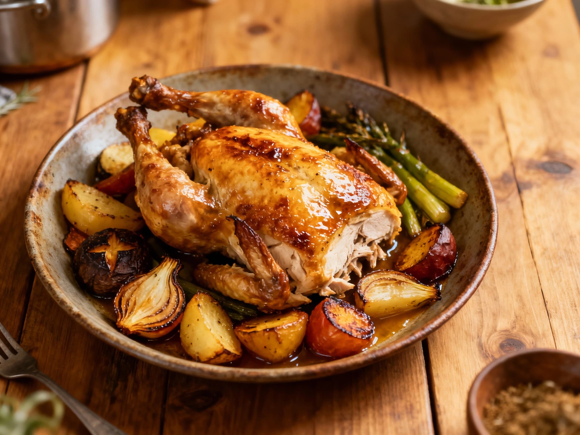 Tender, smoky chicken and root vegetables roasted in an underground pit, glistening and browned with a rustic, earthy presentation.