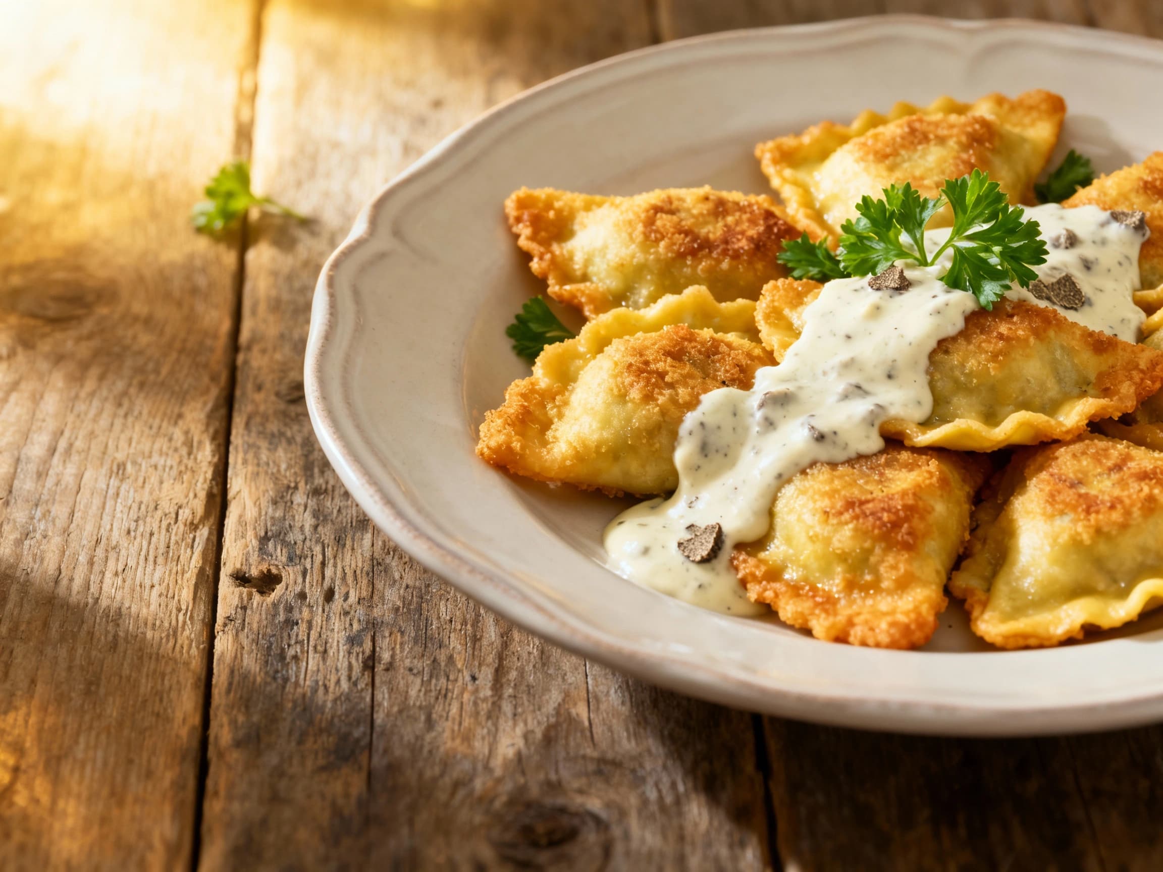 Crispy, golden-brown agnolotti del plin rest in a neat pile, drizzled with creamy truffle aioli and garnished with fresh parsley specks, ready to be enjoyed.
