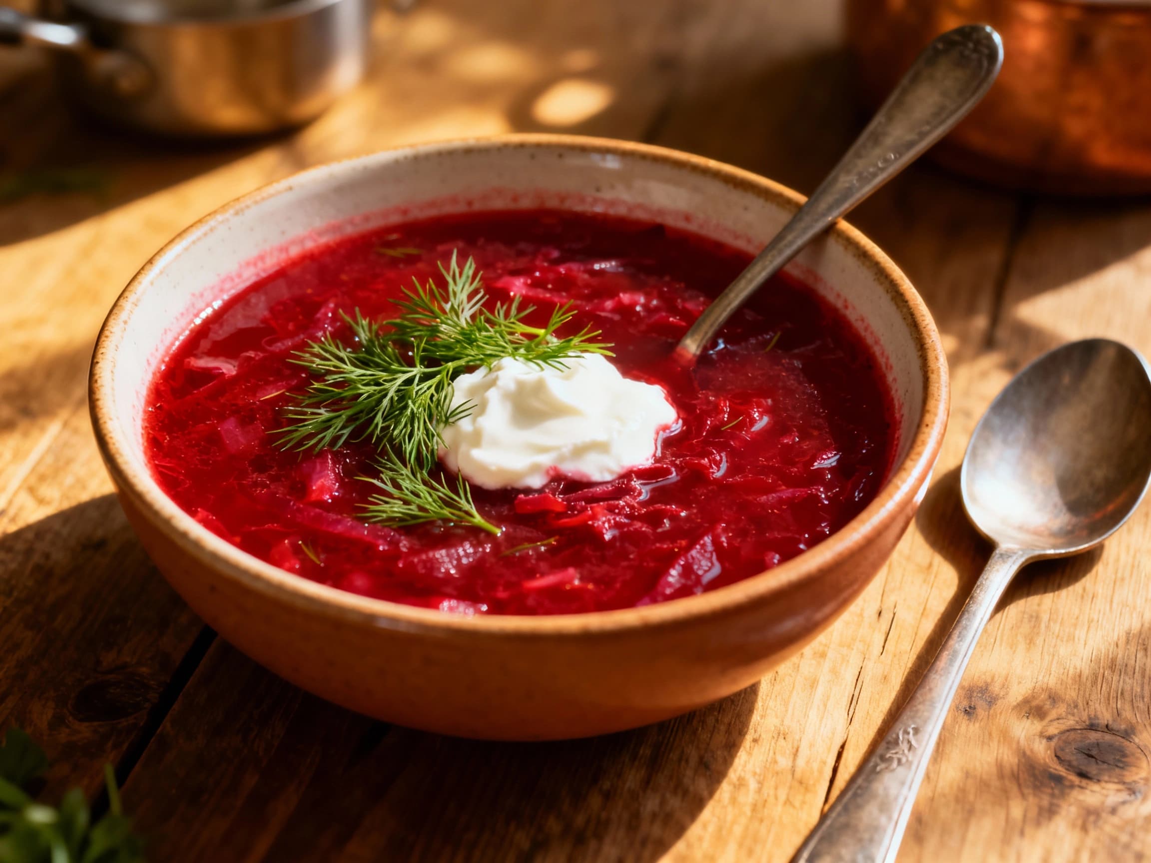 A close-up, overhead shot of a deep red Polish vegetarian beetroot soup (Barszcz Czerwony). Fresh green dill sprigs and a decorative swirl of plant-based cream top the soup in a rustic bowl, set on a light wooden surface, inviting a comforting and authentic meal experience.