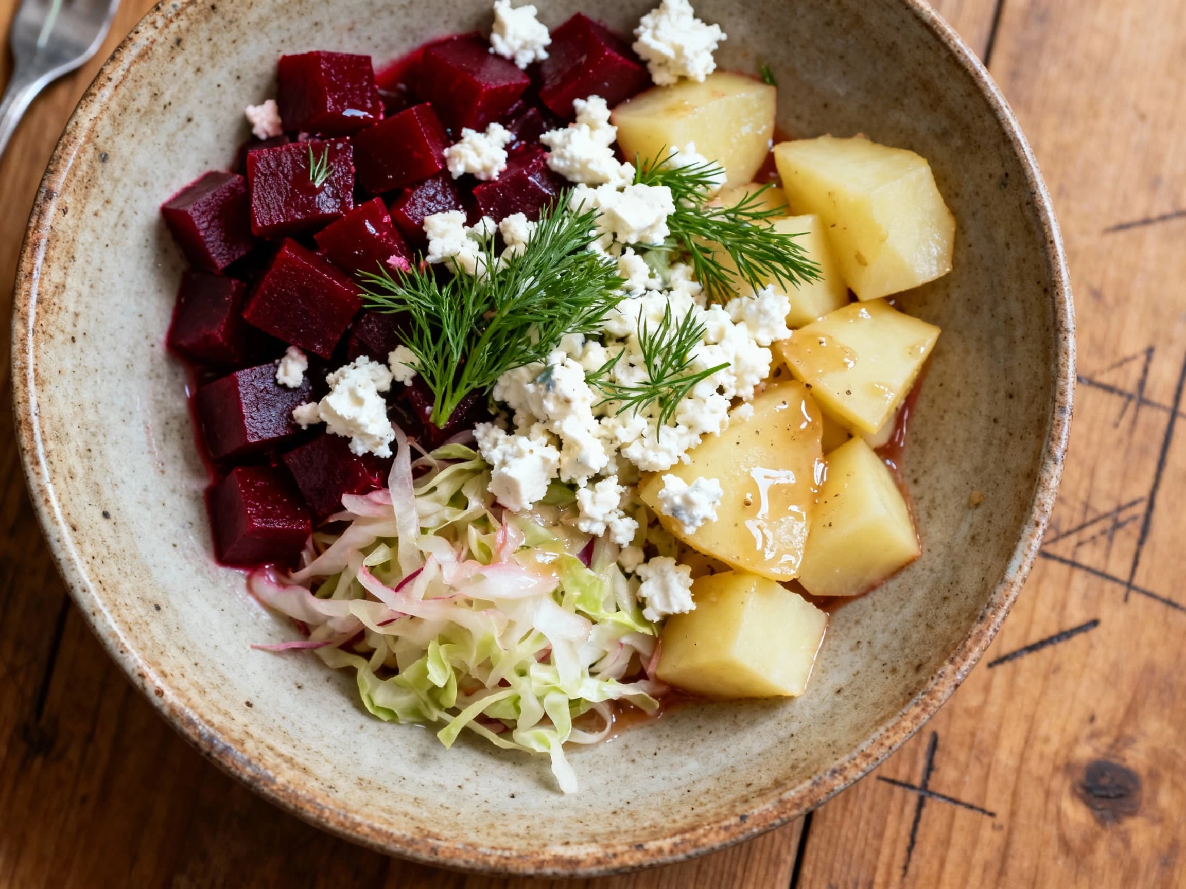 A beautifully plated deconstructed borscht salad, showcasing roasted beetroot cubes, crumbled goat cheese, toasted walnuts, and fresh dill. The salad is arranged attractively on a platter, inviting viewers to appreciate its fresh ingredients and appealing colors, perfect for showcasing sophisticated vegetarian cuisine.