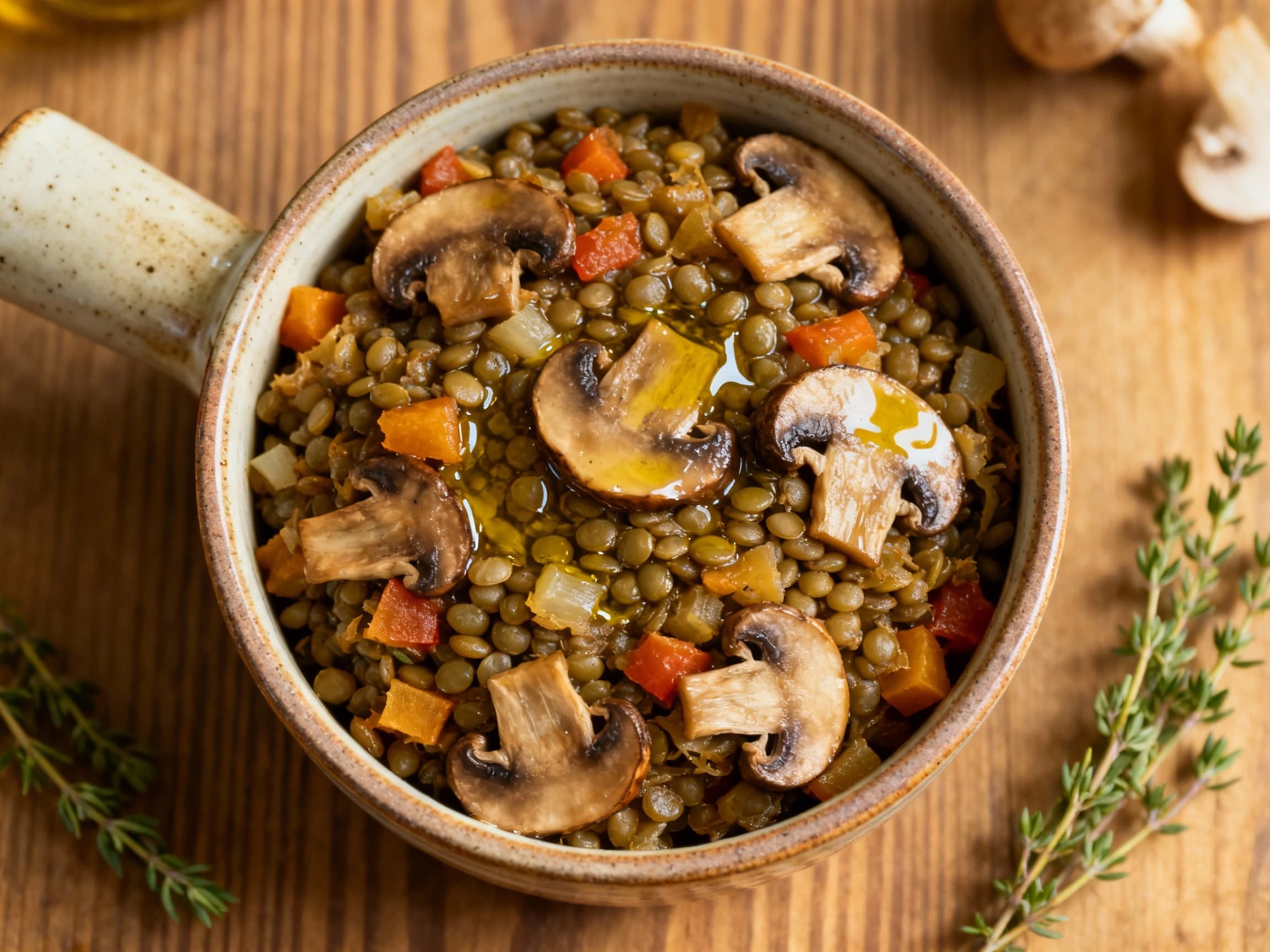 A close-up, overhead shot of a generous portion of traditional Polish Vegetarian Mushroom Lentil Bigos served in a deep, rustic ceramic bowl. The stew's rich, dark hues are accentuated by visible chunks of mushrooms, cabbage, and lentils, garnished with a sprinkle of fresh green dill. A slice of dark rye bread rests beside the bowl on a textured wooden table, evoking a warm and inviting atmosphere