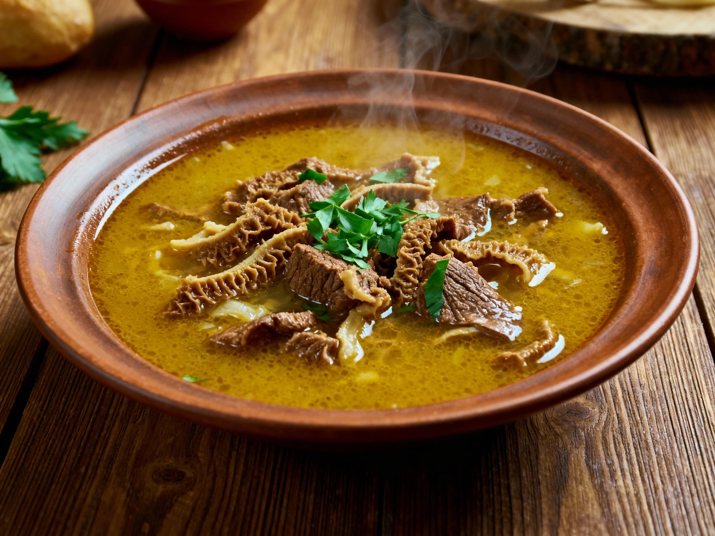 Close-up shot of a hearty serving of Polish Flaki beef tripe stew in a rustic bowl. The stew is filled with tender tripe, diced vegetables like carrots and parsley root, and garnished with fresh marjoram. It's served warm on a wooden table, evoking a sense of traditional comfort food and inviting the viewer to savor its rich flavors.