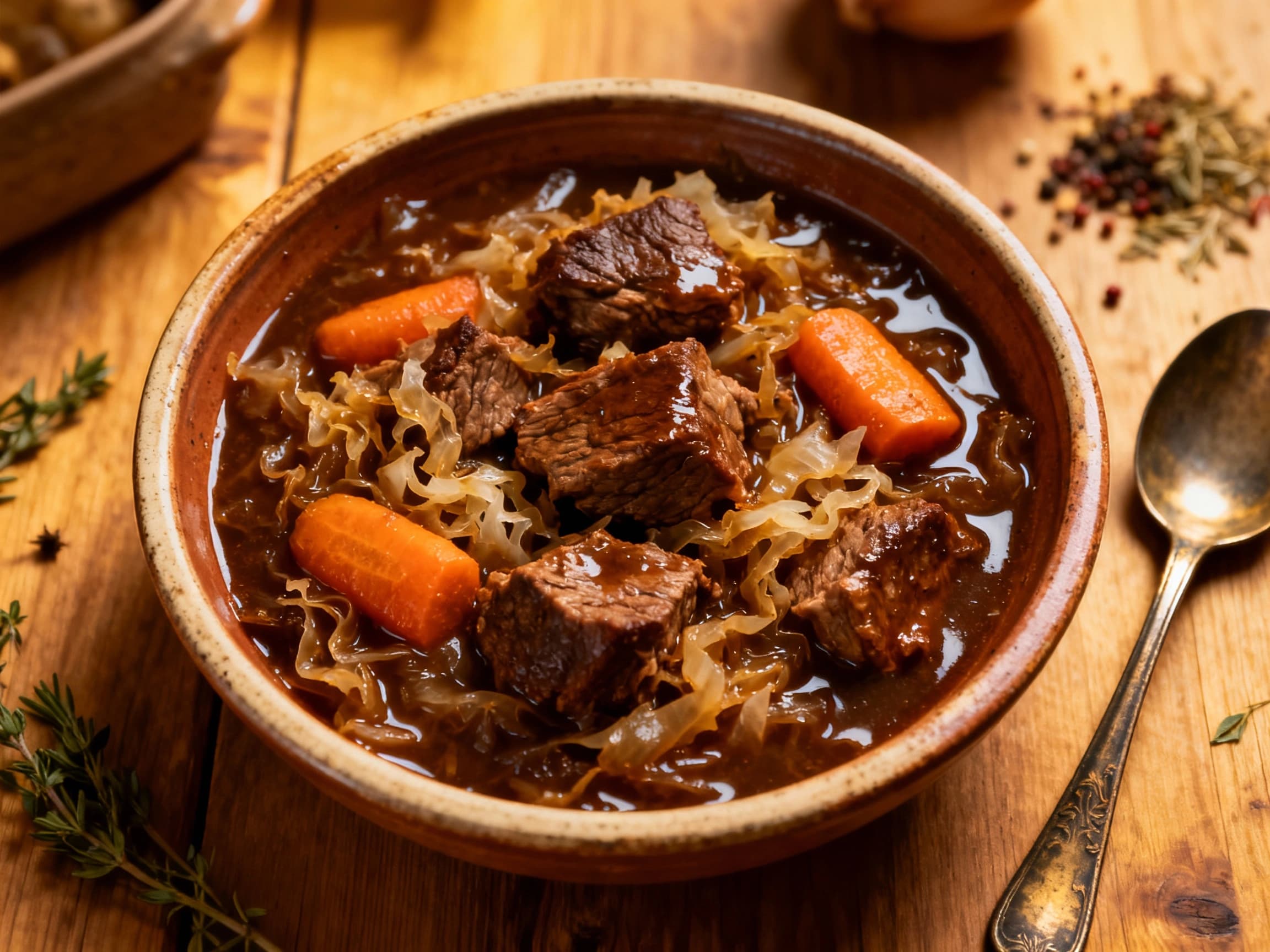 Close-up view of a steaming bowl of Bigos, a hearty Polish stew packed with tender meats and savory sauerkraut, presented in a rustic setting on a wooden table. A slice of dark bread rests nearby, inviting you to enjoy this traditional comfort food.