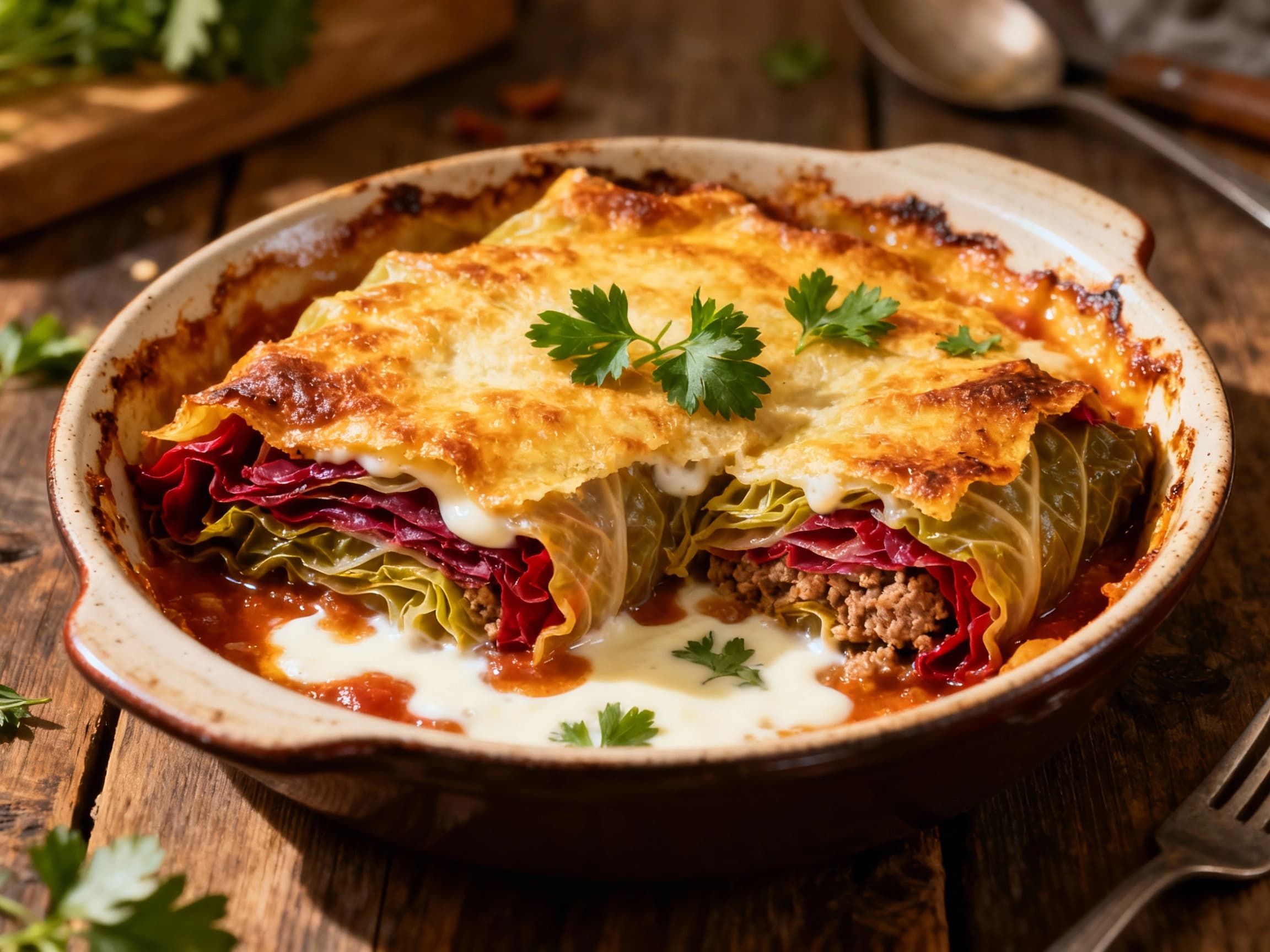A close-up view of a steaming baked gołąbki casserole in a ceramic dish, showcasing the distinct layers of cabbage, savory meat and rice filling, and a glossy tomato sauce. Fresh green dill is sprinkled generously on top, suggesting a flavorful and comforting Polish dish, perfect for a hearty dinner setting.