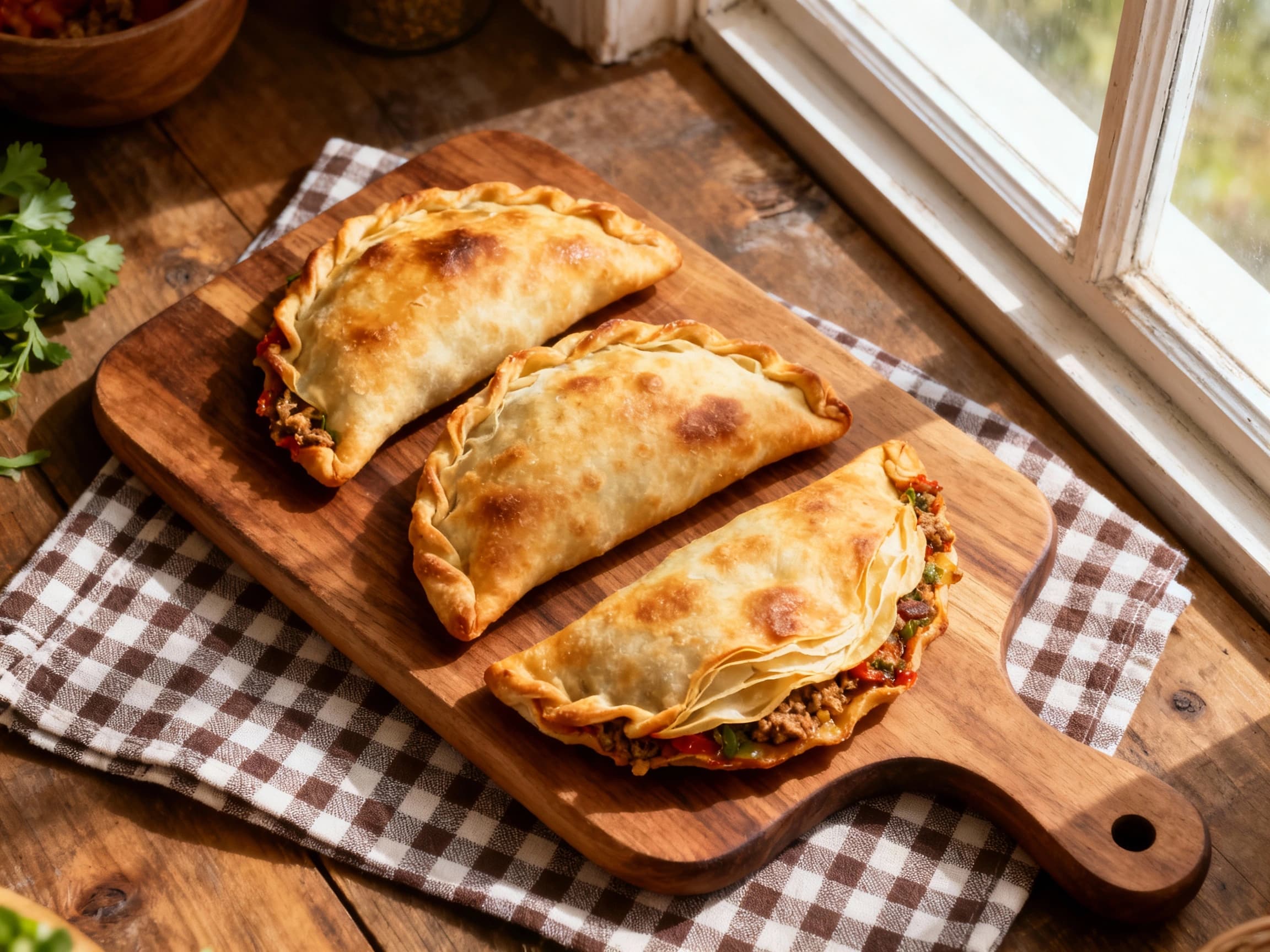 A close-up view of twelve golden-brown Empanadas de Mondongo arranged attractively on a rustic wooden serving board, garnished with chopped hard-boiled egg and olives, showcasing their flaky pastry texture under warm, inviting lighting.