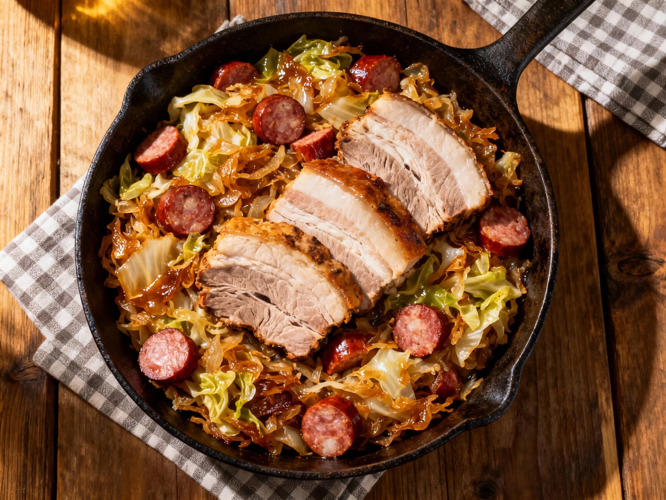 A close-up shot of a bubbling skillet filled with hearty Polish Bigos, a traditional stew featuring sauerkraut, cabbage, and chunks of smoked sausage, crowned with crispy bacon. The dish is presented on a rustic wooden surface, inviting warmth and comfort. A slice of dark bread and a dollop of sour cream are visible, enhancing the traditional Polish culinary experience. The lighting is soft and in