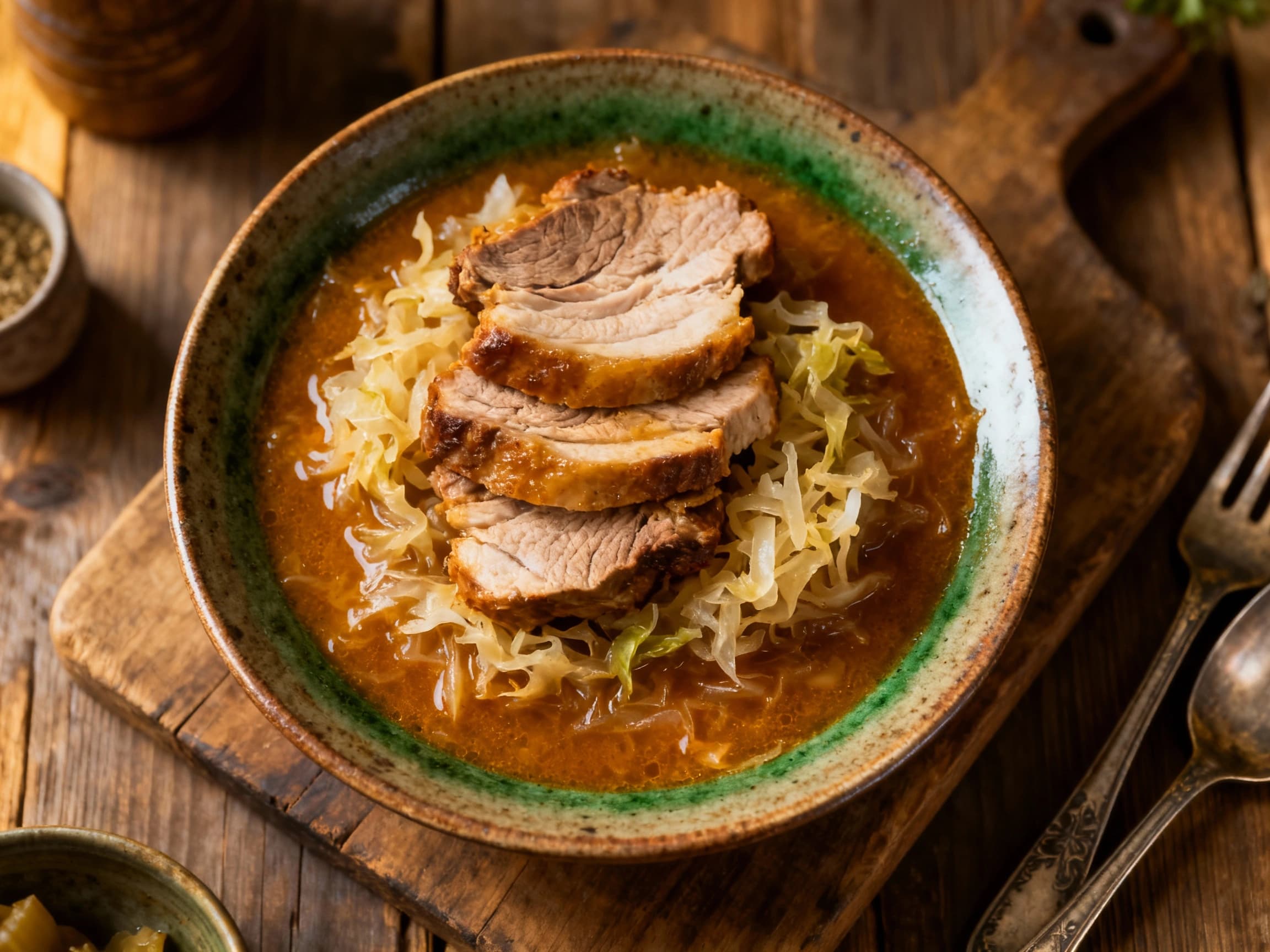 A close-up shot of a comforting bowl of Pork and Sauerkraut Gulasz, a traditional Polish stew. The dish features succulent pieces of pork shoulder and strands of sauerkraut, topped with vibrant green chopped dill pickles and fresh dill. It is presented in a rustic earthenware bowl, evoking a sense of warmth and home-cooked authenticity, perfect for a cold-weather meal.