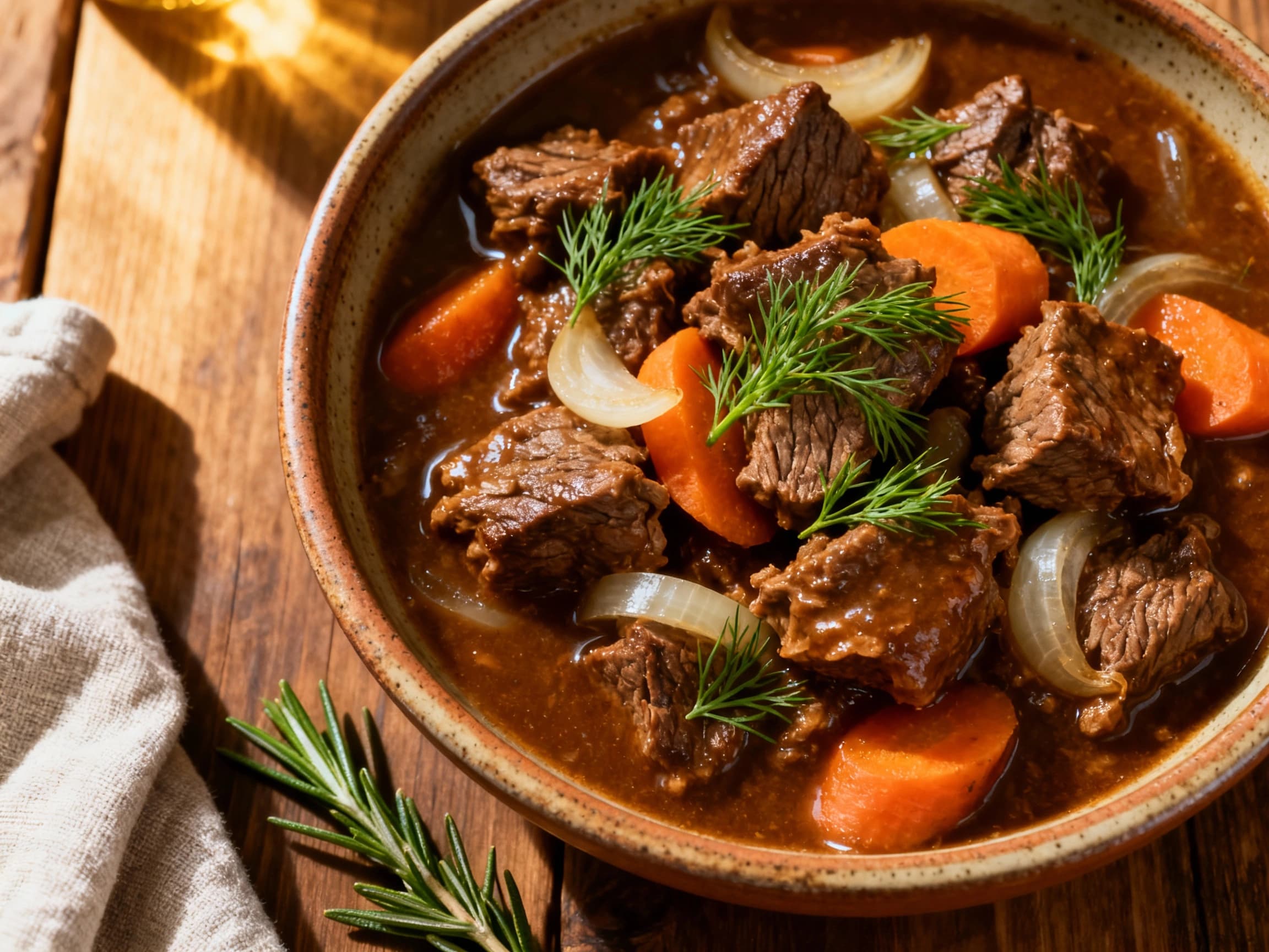 A hearty and visually appealing bowl of Slow Cooker Polish Gulasz, featuring tender beef cubes in a rich, paprika-infused sauce, served atop fluffy egg noodles and finished with a garnish of chopped fresh parsley and a swirl of sour cream. The mise en scène suggests a cozy, home-cooked meal.