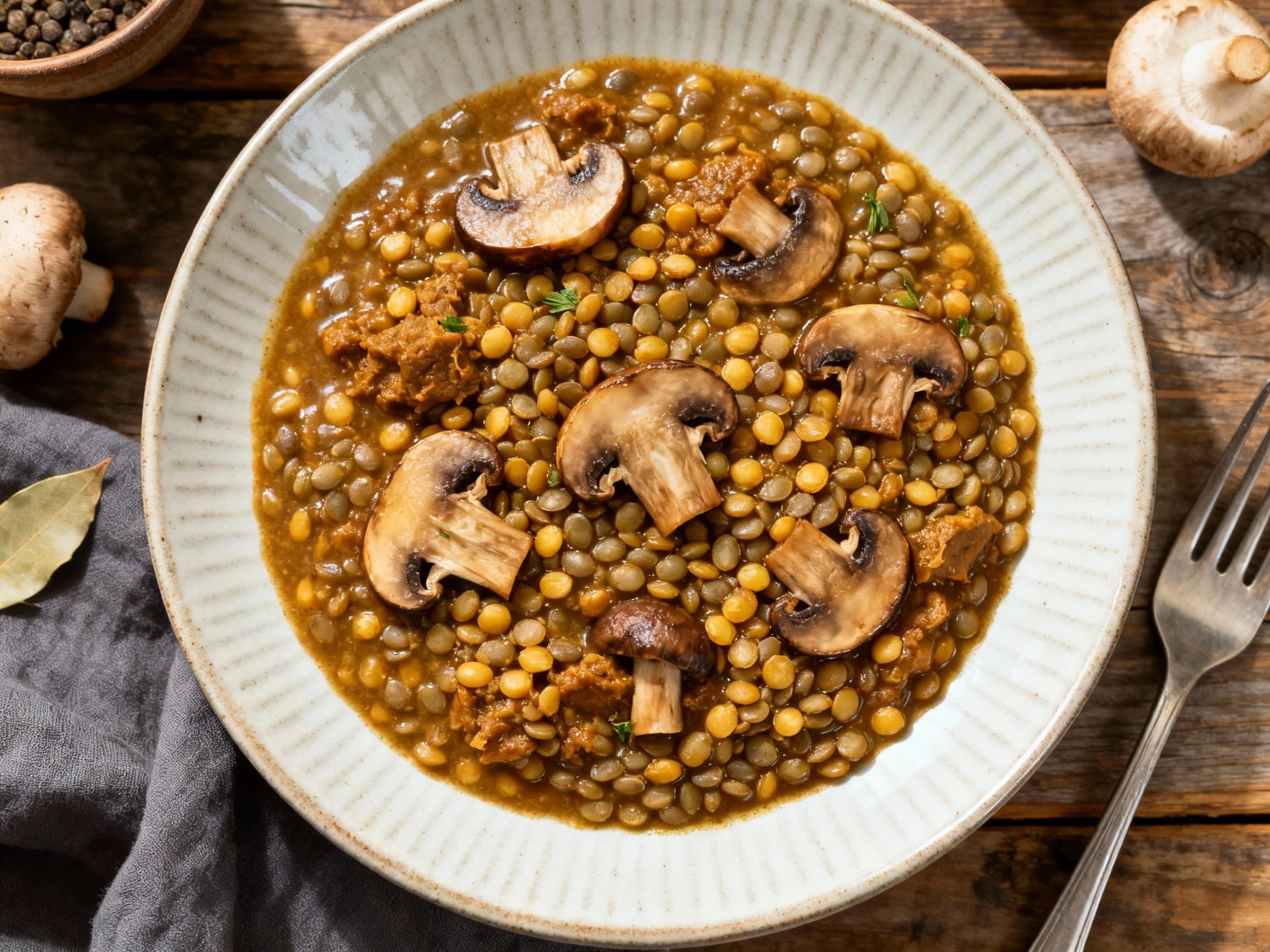 A close-up overhead view of a steaming bowl of hearty vegan mushroom and lentil gulasz. The dark, rich stew has visible chunks of mushrooms and lentils, topped with bright green parsley and a swirl of white vegan sour cream, presented in a rustic ceramic bowl on a wooden surface.