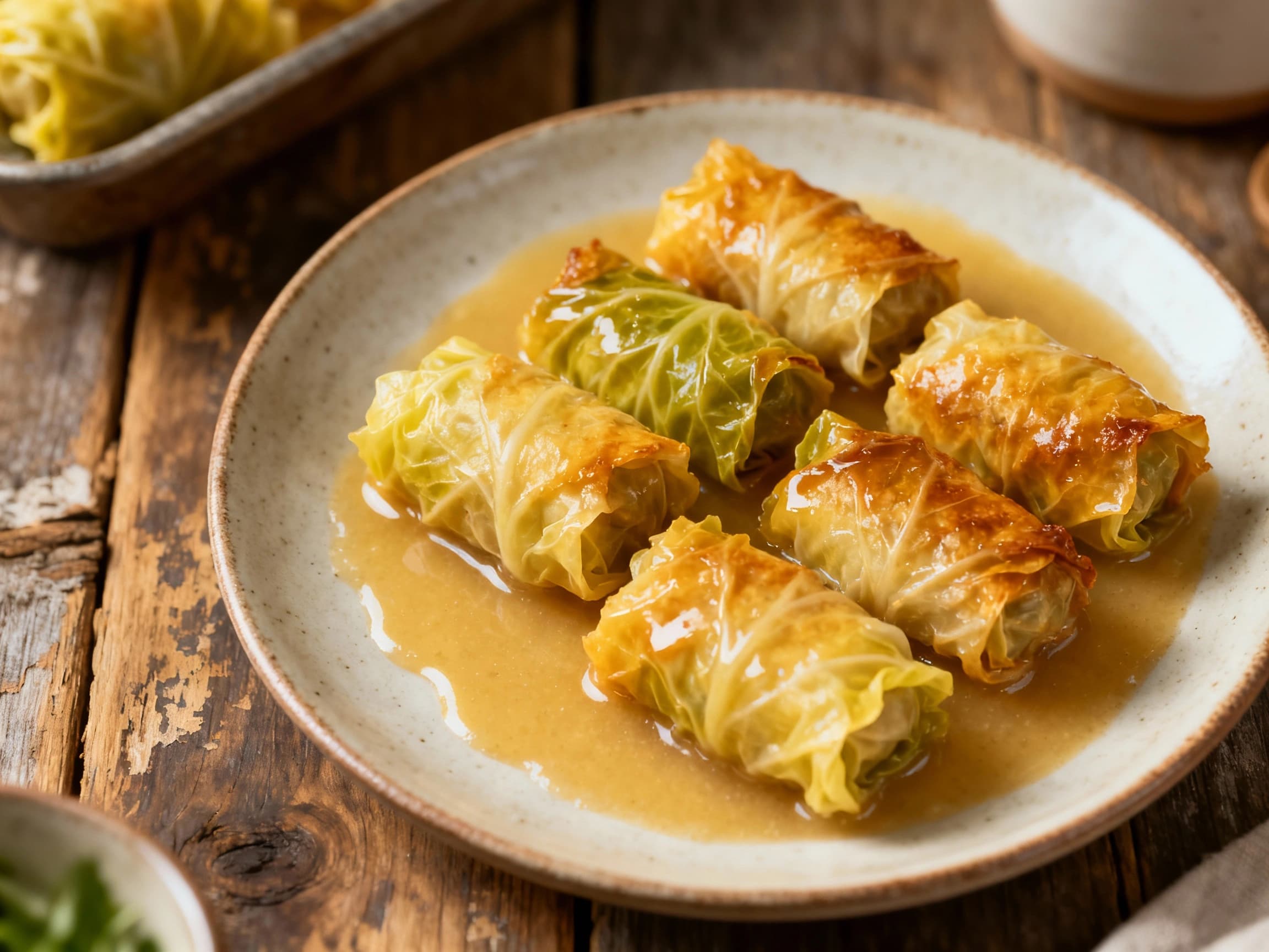 A close-up shot of elegantly plated mini gołąbki appetizers in a rustic bowl. Several small, perfectly formed cabbage rolls rest in a shallow pool of rich tomato broth, each topped with a dollop of creamy sour cream and a hint of green garnish. The appetizing presentation suggests a traditional Polish comfort food adapted for a sophisticated appetizer course.