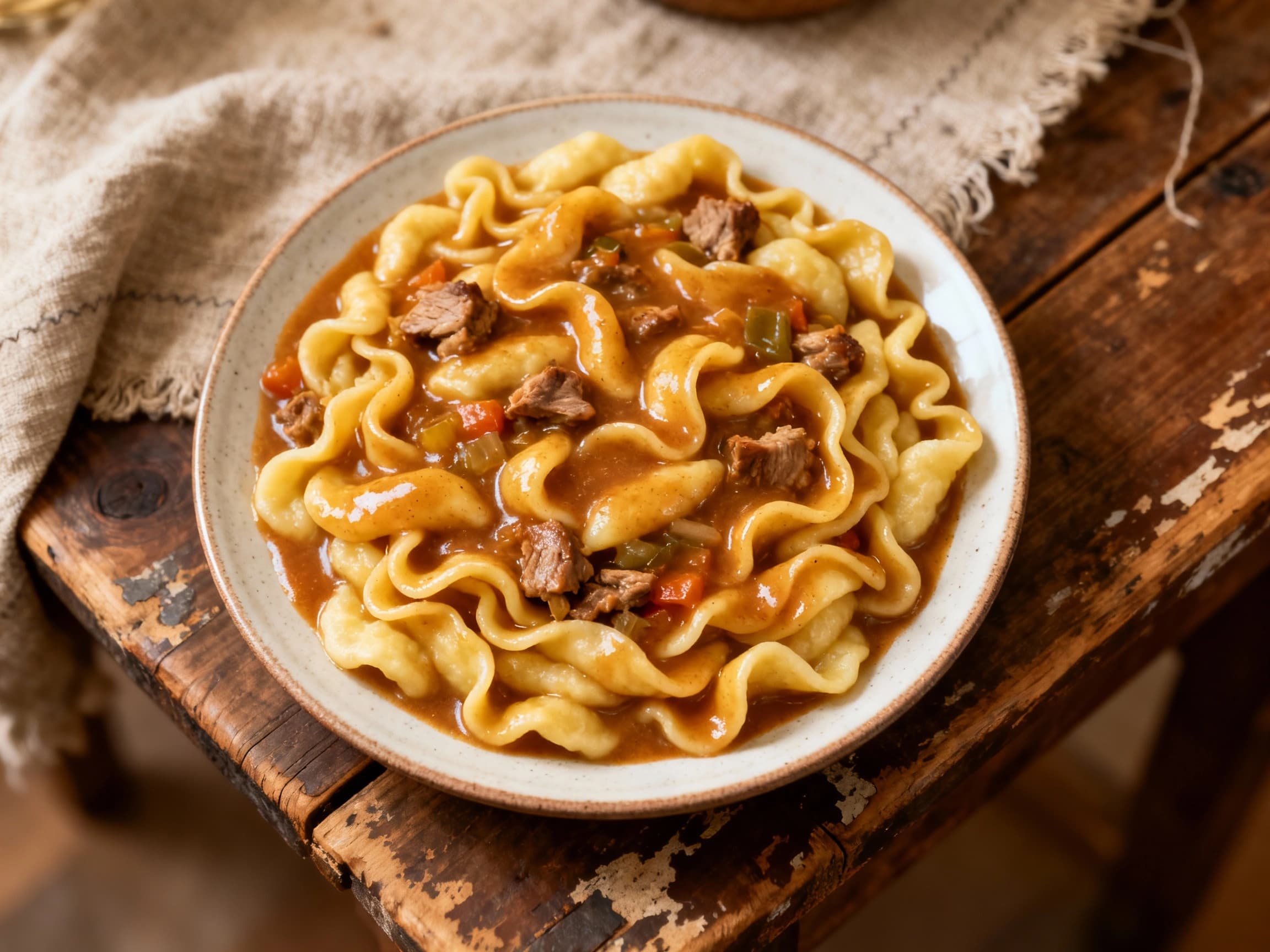 A beautifully plated serving of Polish Kluski Śląskie, featuring soft, round potato dumplings with a slight indentation, all coated in a thick, savory dark beef gravy. The dish is presented on a simple white plate, evoking a sense of traditional Polish home cooking and hearty comfort food, perfect for a cold evening.