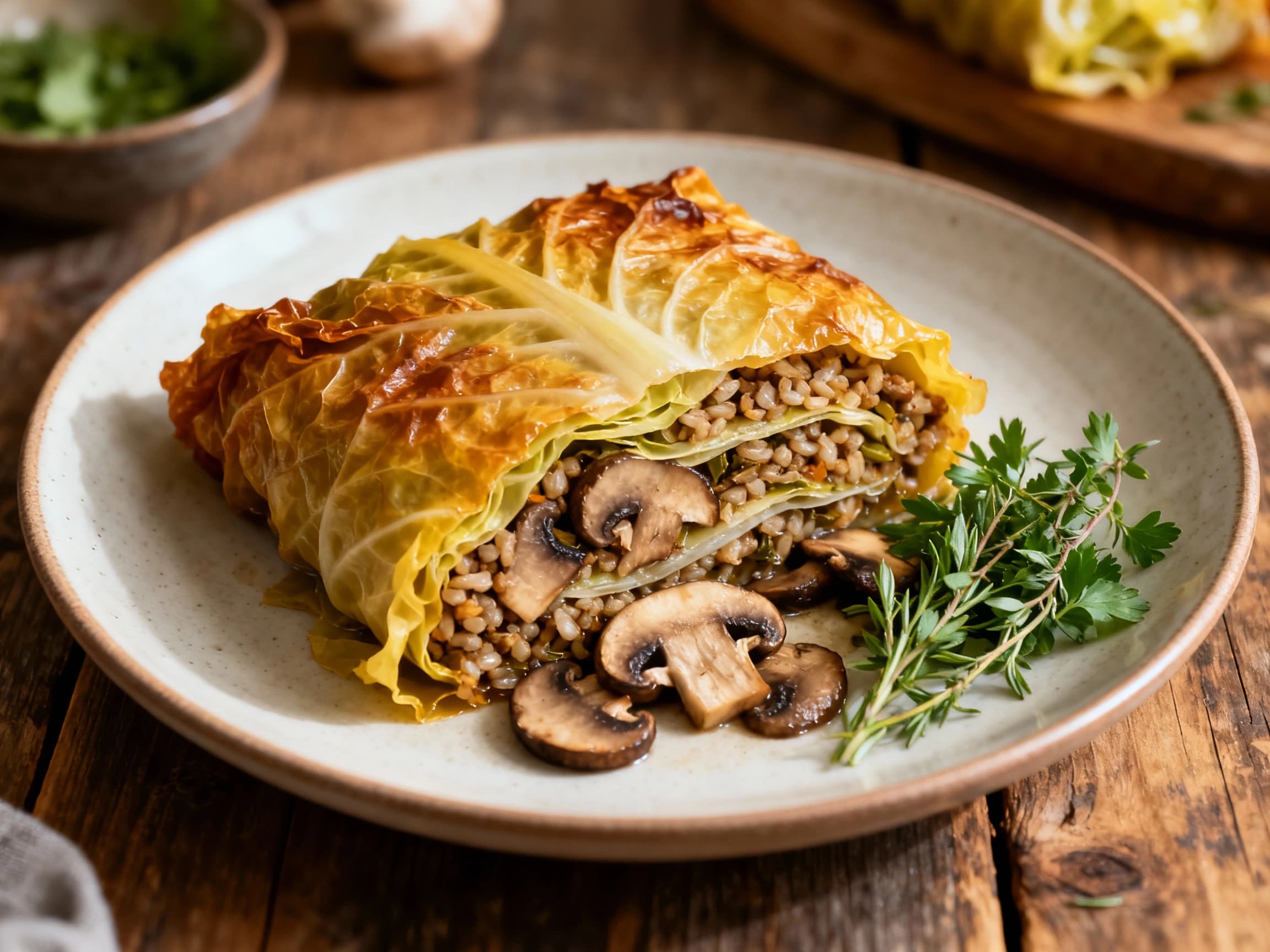 Close-up view of traditional Polish vegetarian gołąbki, or stuffed cabbage rolls, presented in a rustic pot. The tender cabbage leaves embrace a savory filling of mushrooms and buckwheat, all bathed in a rich, creamy dill sauce. Fresh dill sprigs add a vibrant green garnish, highlighting the comforting and homestyle nature of this Polish delicacy.
