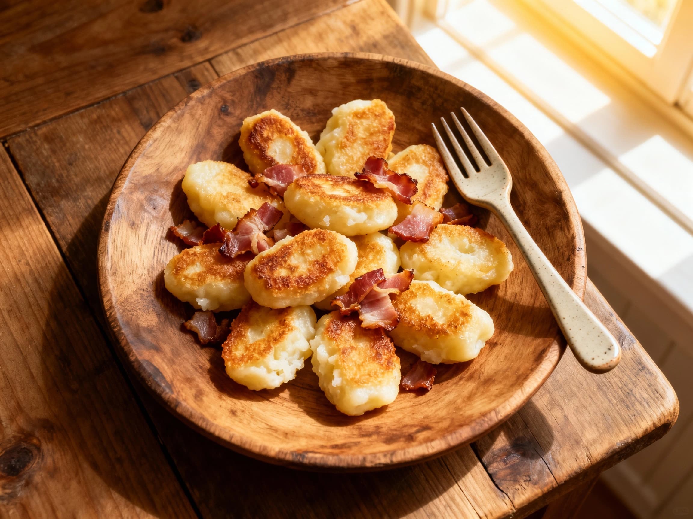 A close-up, overhead view of freshly pan-fried Polish kopytka dumplings, glistening with rendered bacon fat and scattered with crispy bacon pieces and vibrant green parsley. The dumplings are golden brown and have a slightly craggy texture from frying, served in a rustic skillet on a wooden surface.