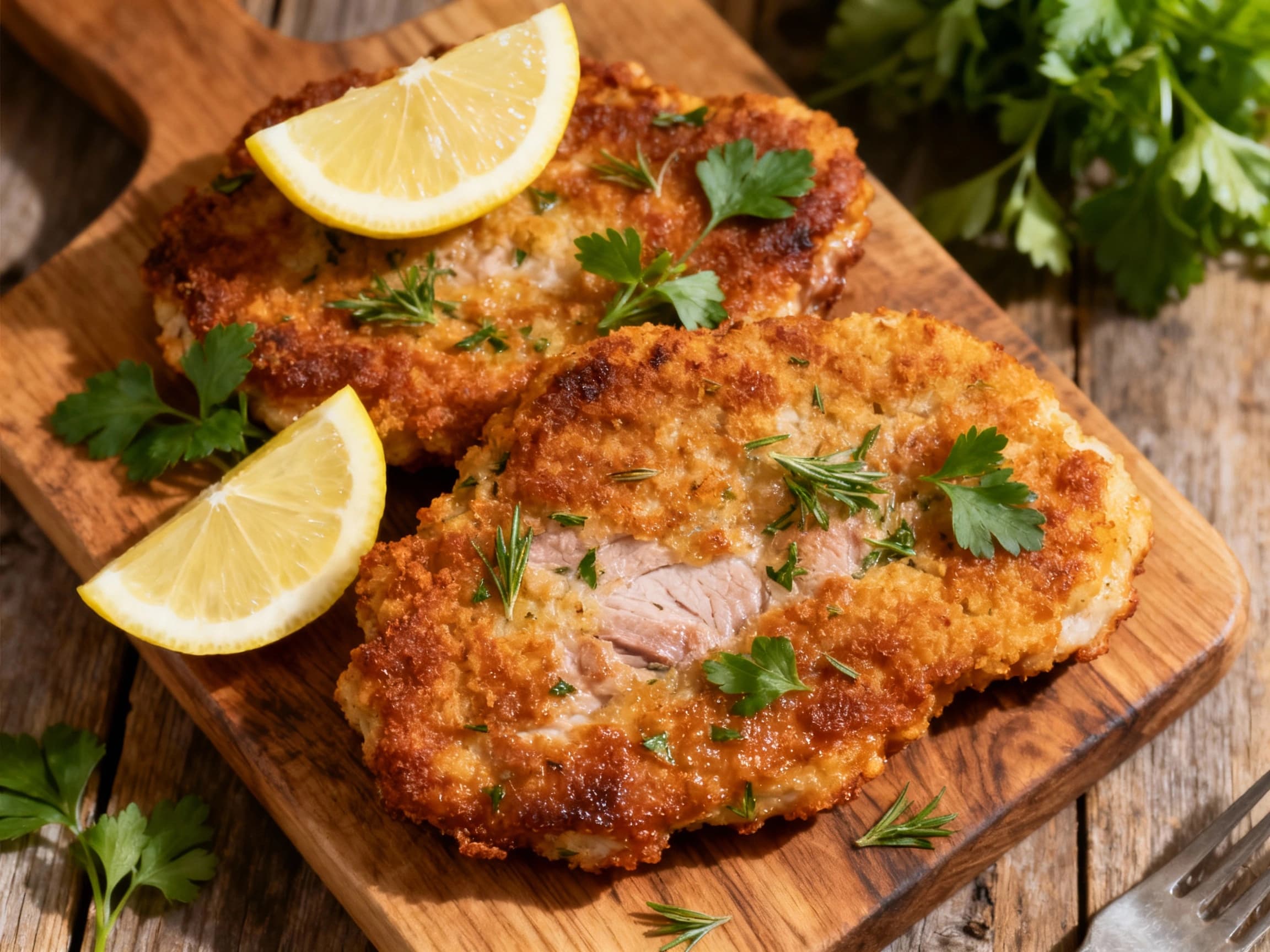 Close-up shot of a perfectly baked Polish Kotlet Schabowy, showcasing its crisp, golden-brown breaded crust. Fresh herbs and lemon slices add a pop of color. The dish is elegantly presented on a plate, accompanied by classic sides, inviting viewers to savor the traditional flavors with a modern, healthy twist.