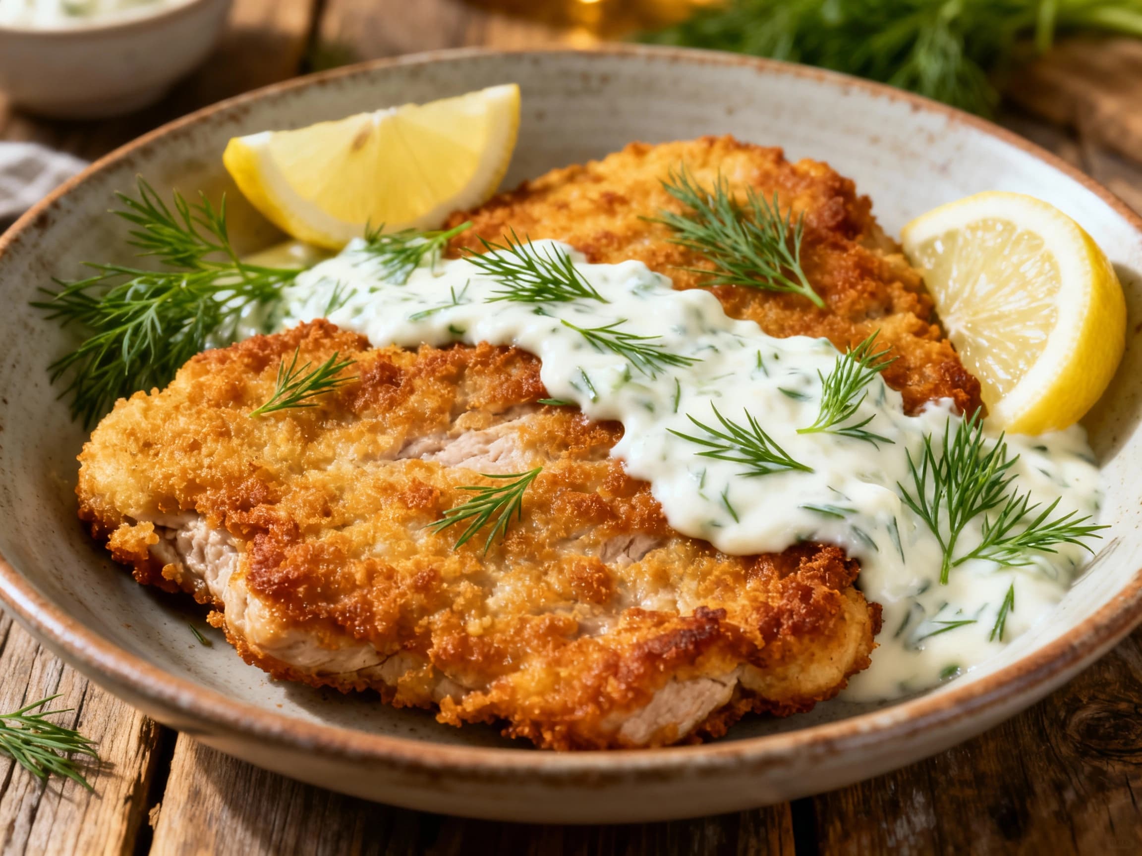 A beautifully plated traditional Polish Kotlet Schabowy, a crispy fried pork cutlet, rests next to creamy mashed potatoes. It is bathed in a luscious, herbaceous dill sauce, garnished with fresh dill. The meal is presented on a rustic plate, evoking a sense of comfort and authentic Polish home cooking, perfect for a photography of a classic meal.