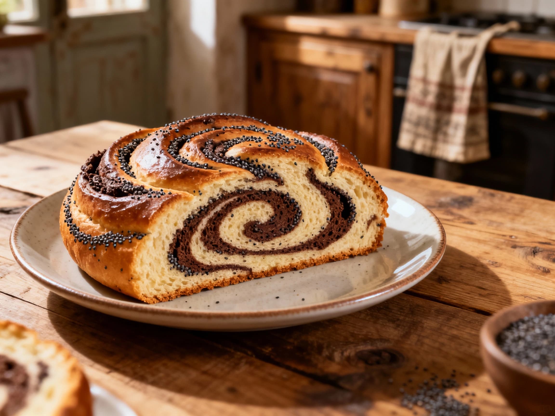 A close-up view of a sliced Chocolate Swirl Makowiec Cake, revealing its intricate layers of dark chocolate swirl and rich poppy seed filling against a textured cake base. The cake is presented on a rustic wooden board, indicating a homemade and artisanal quality, perfect for a food blog or recipe website.