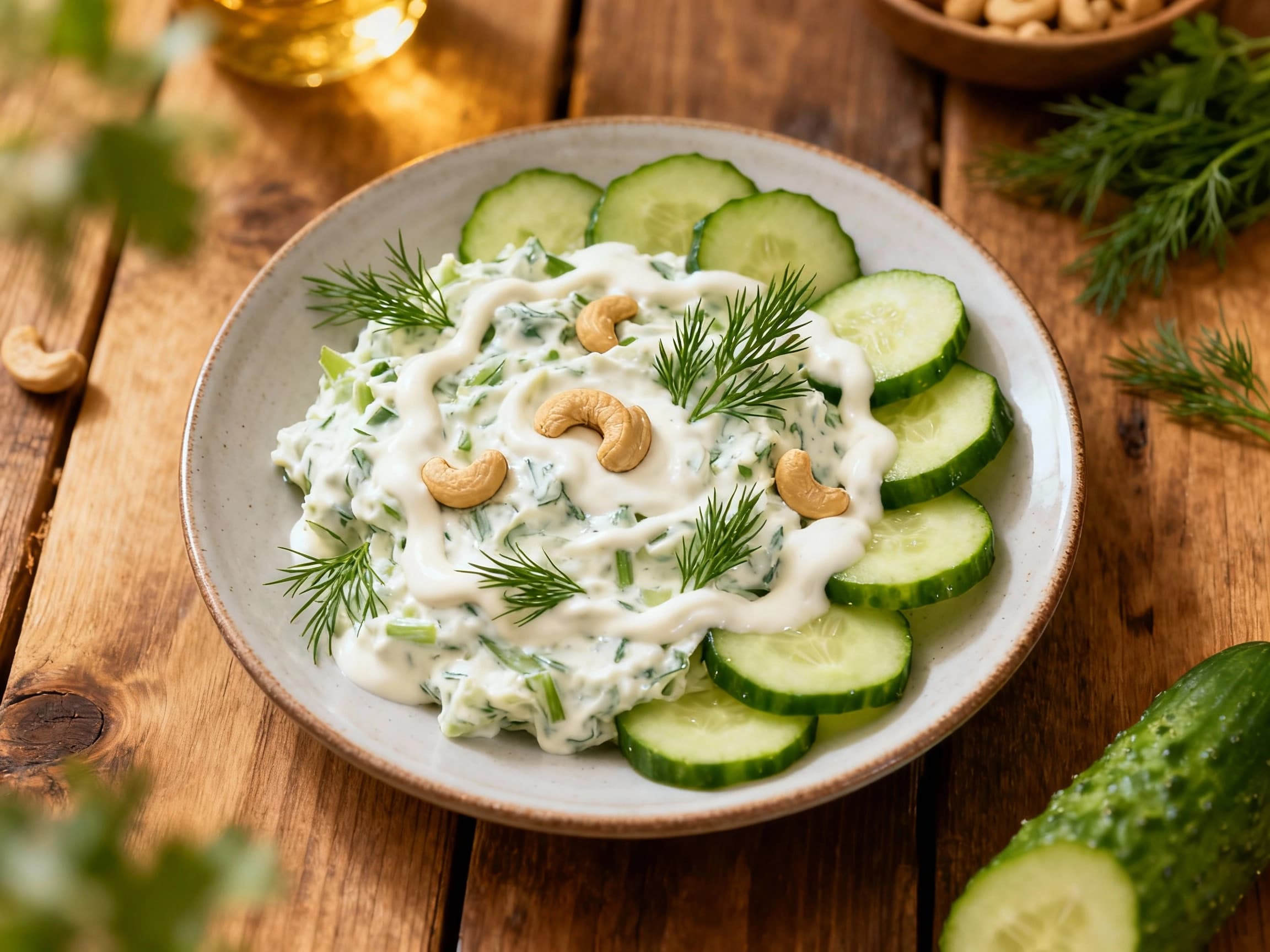 A close-up of a vegan mizeria salad in a wooden bowl. The dish showcases thinly sliced cucumbers coated in a rich, creamy cashew-based dressing, topped with fresh dill and black pepper. The lighting is bright and natural, emphasizing the salad's refreshing appearance and typical Polish presentation.