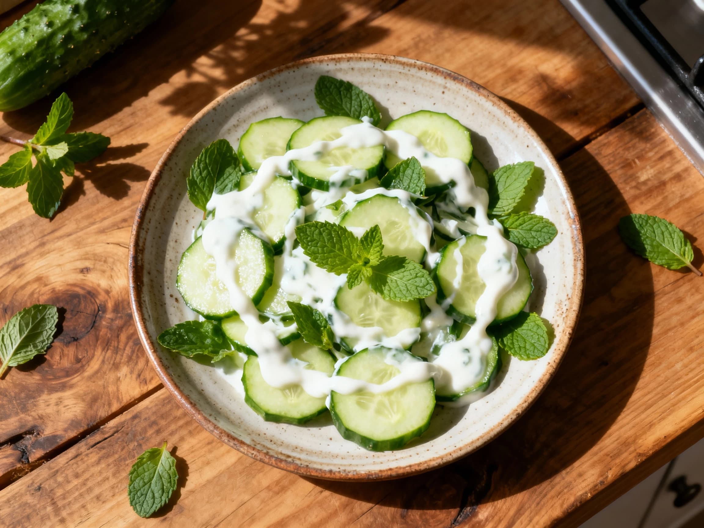 A refreshing Mizeria salad, a classic Polish cucumber and yogurt dish, served in a white bowl. The vibrant green herbs of dill and mint are visible, mixed with thinly sliced cucumbers in a creamy dressing. It looks cool and inviting, perfect as a side dish.