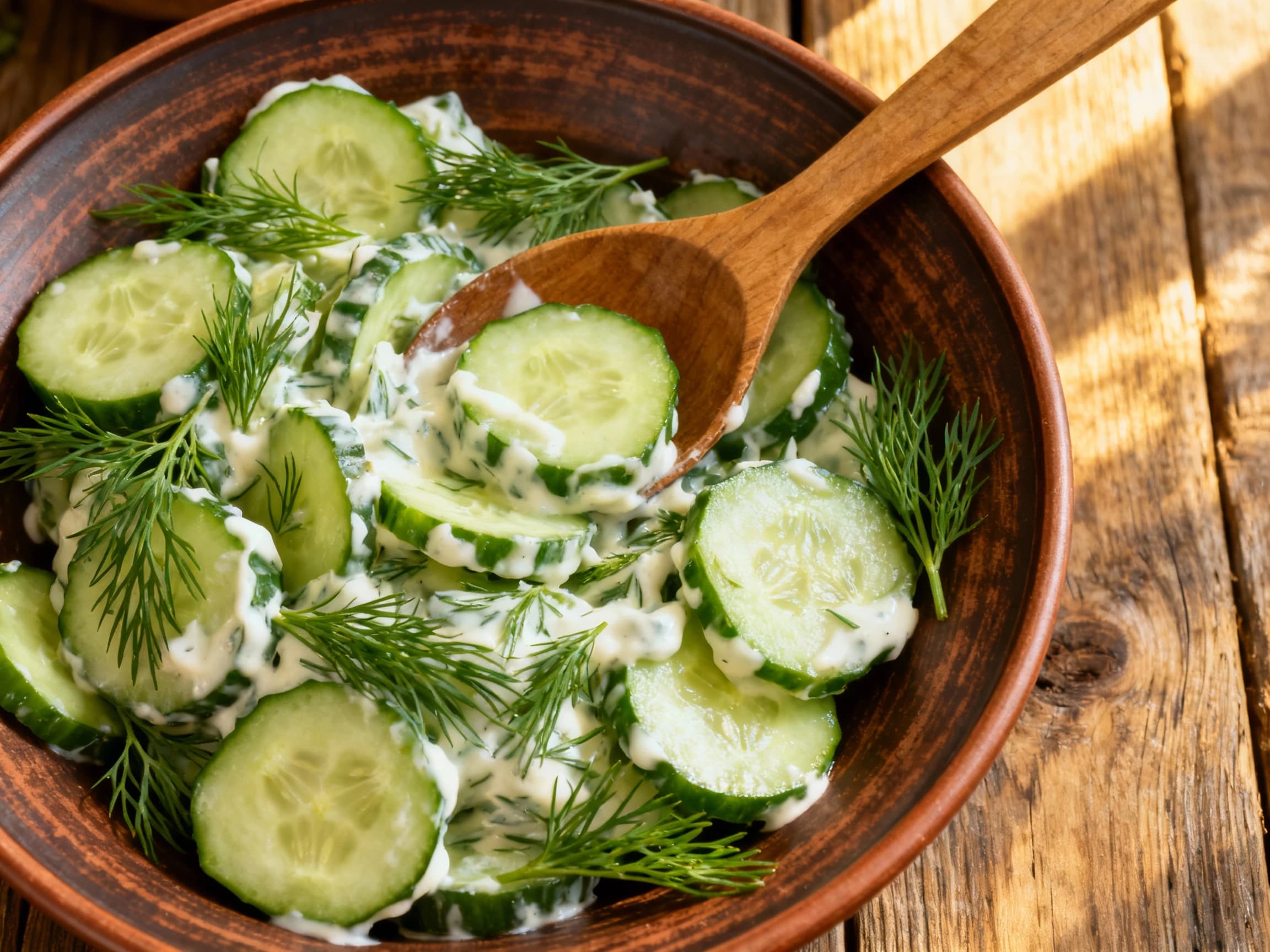 A refreshing bowl of Mizeria, a classic Polish cucumber salad, showcasing thinly sliced cucumbers in a creamy sour cream and dill dressing. The vibrant green dill and white dressing suggest a cool, tangy flavor, perfect as a side dish in a bright, natural setting.