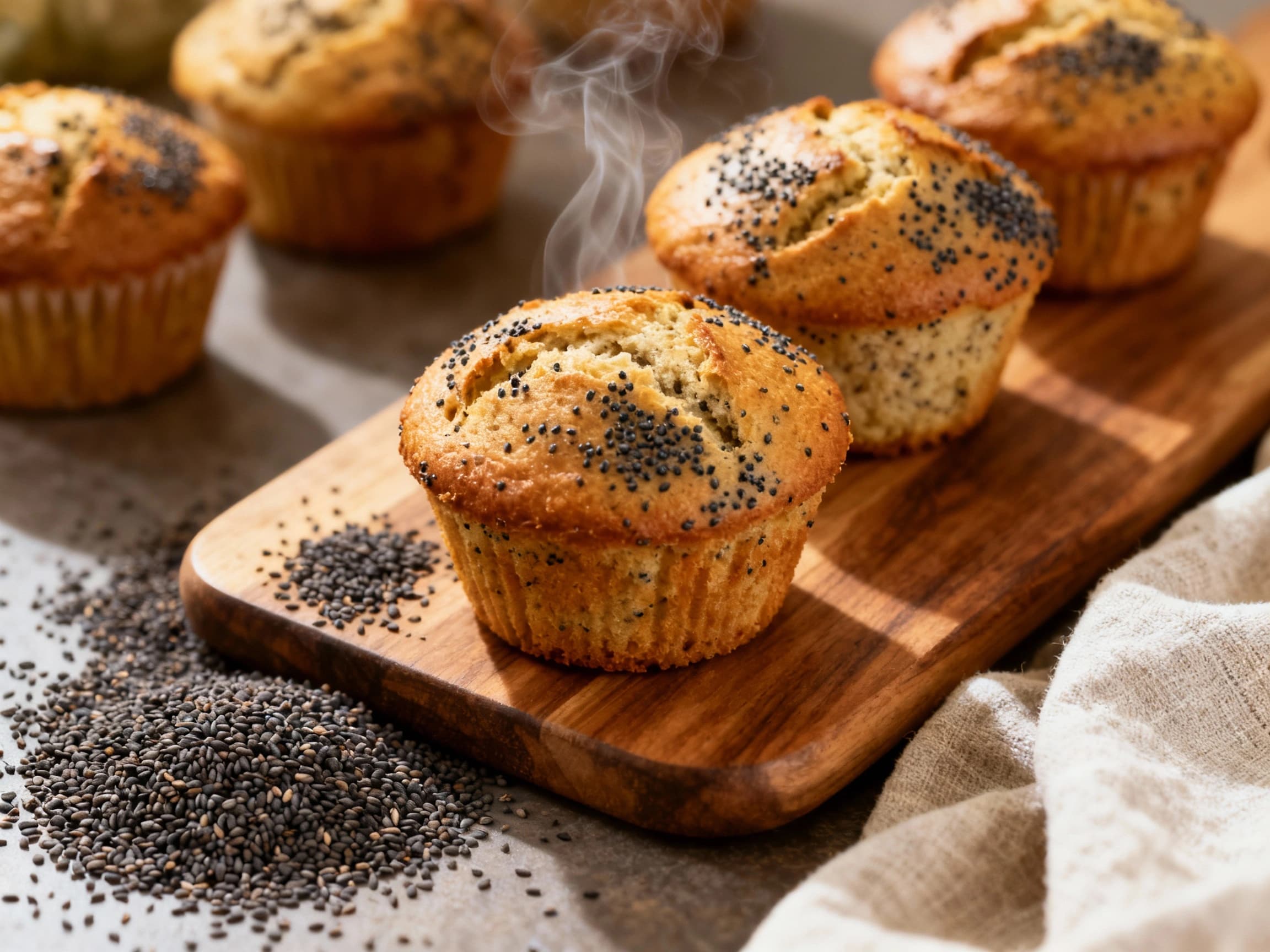 A close-up shot of freshly baked vegan makowiec muffins arranged on a rustic wooden surface. The muffins have a golden-brown exterior and a generous topping of poppy seeds. Some muffins are dusted with powdered sugar, offering a visually appealing and inviting presentation of this Polish-inspired treat.