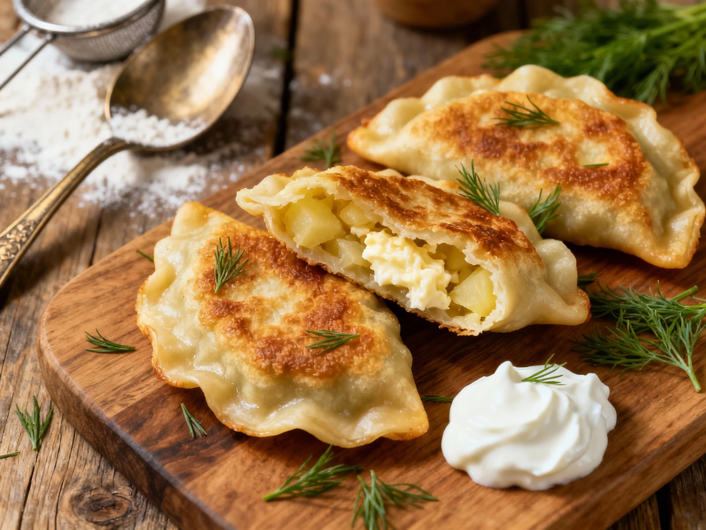 Deliciously crispy pan-fried pierogi ruskie are presented on a wooden plate, topped with vibrant green chives and a dollop of cool sour cream, showcasing the satisfying texture and traditional Polish presentation.