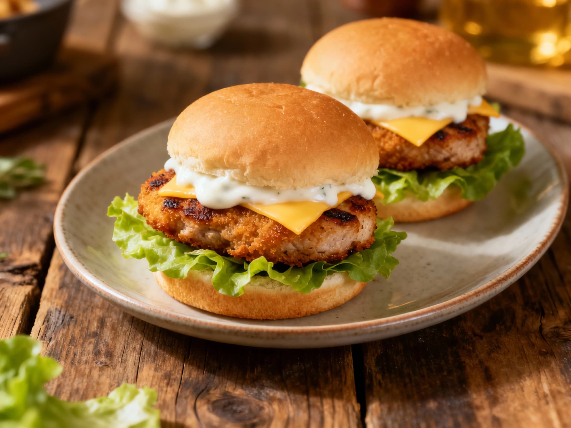 Miniature Pork Cutlet Sliders, inspired by Polish Kotlet Schabowy, are presented on a wooden serving board. Each slider features a crispy, golden-brown pork cutlet in a soft bun, topped with horseradish cream and dill, showcasing a delicious appetizer or party snack.