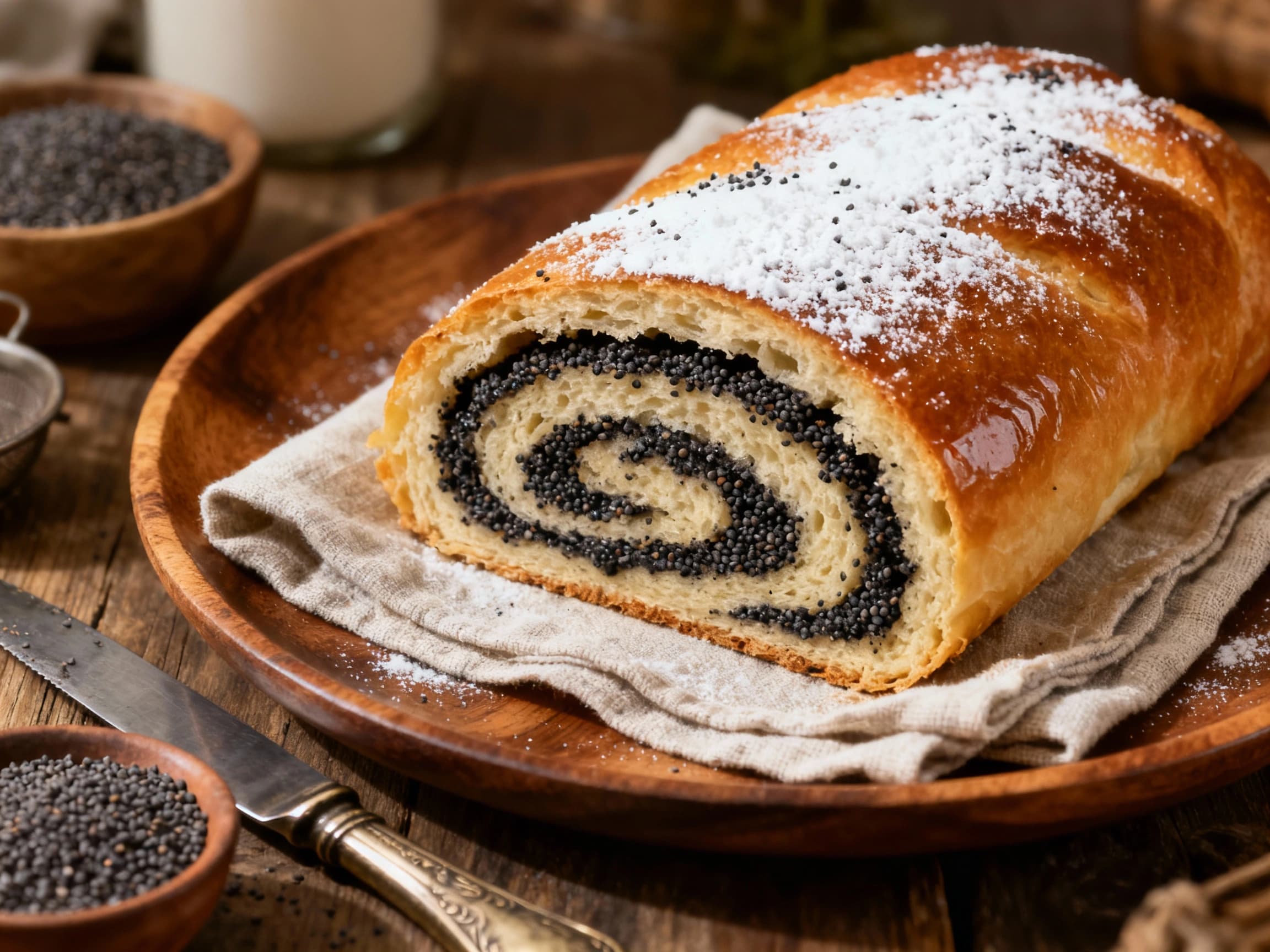 A close-up view of a sliced Easy Makowiec Roll showcasing the rich poppy seed filling swirled within a golden sponge cake. The dessert artifact is generously dusted with powdered sugar and is artfully presented on a wooden surface, highlighting its festive appeal and homemade charm.