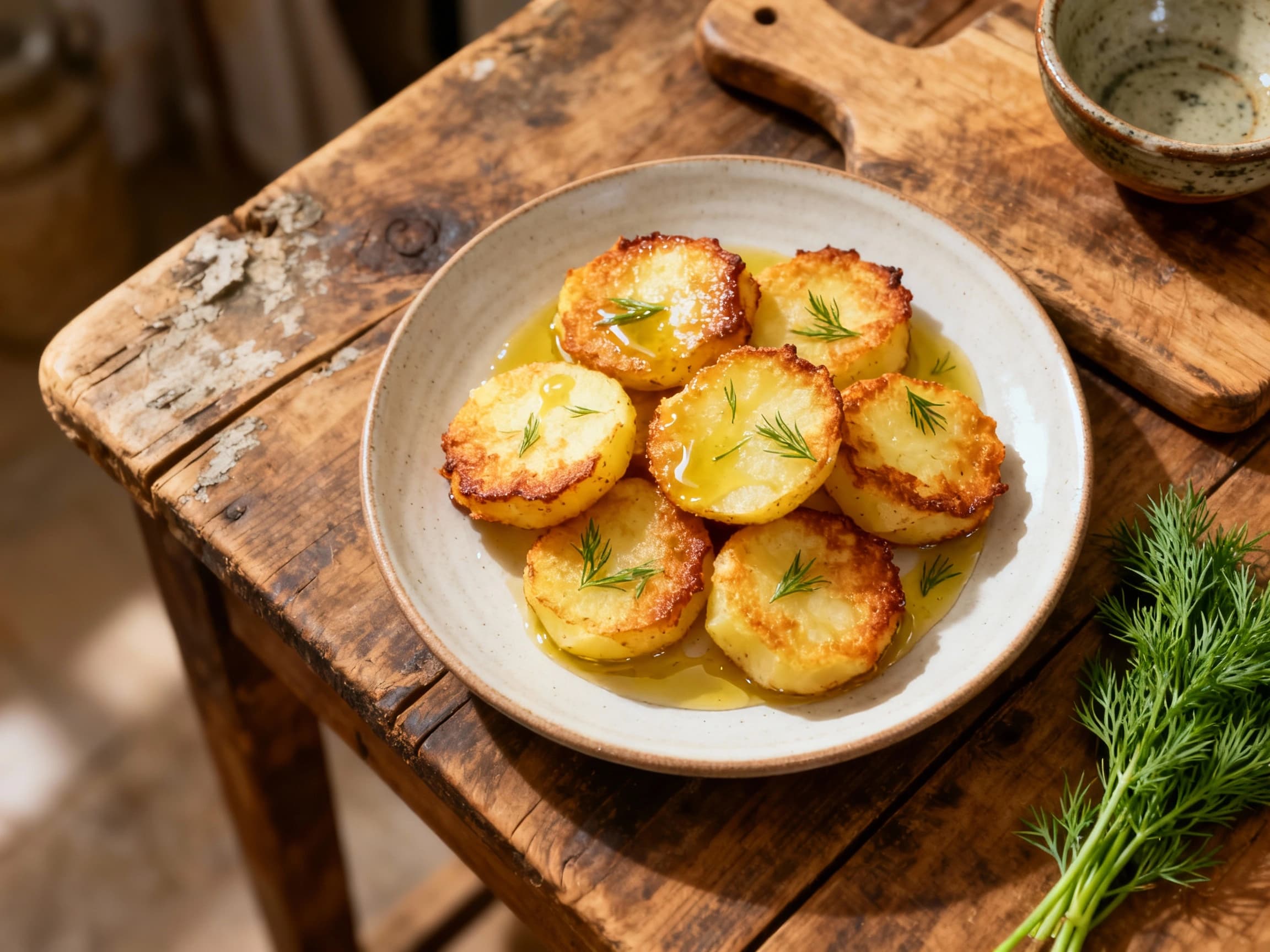 Golden-brown, miniature Polish potato pancakes displayed invitingly on a wooden serving board, accompanied by a small bowl of fresh, herbaceous sour cream dip, ready to be enjoyed as a delightful appetizer.