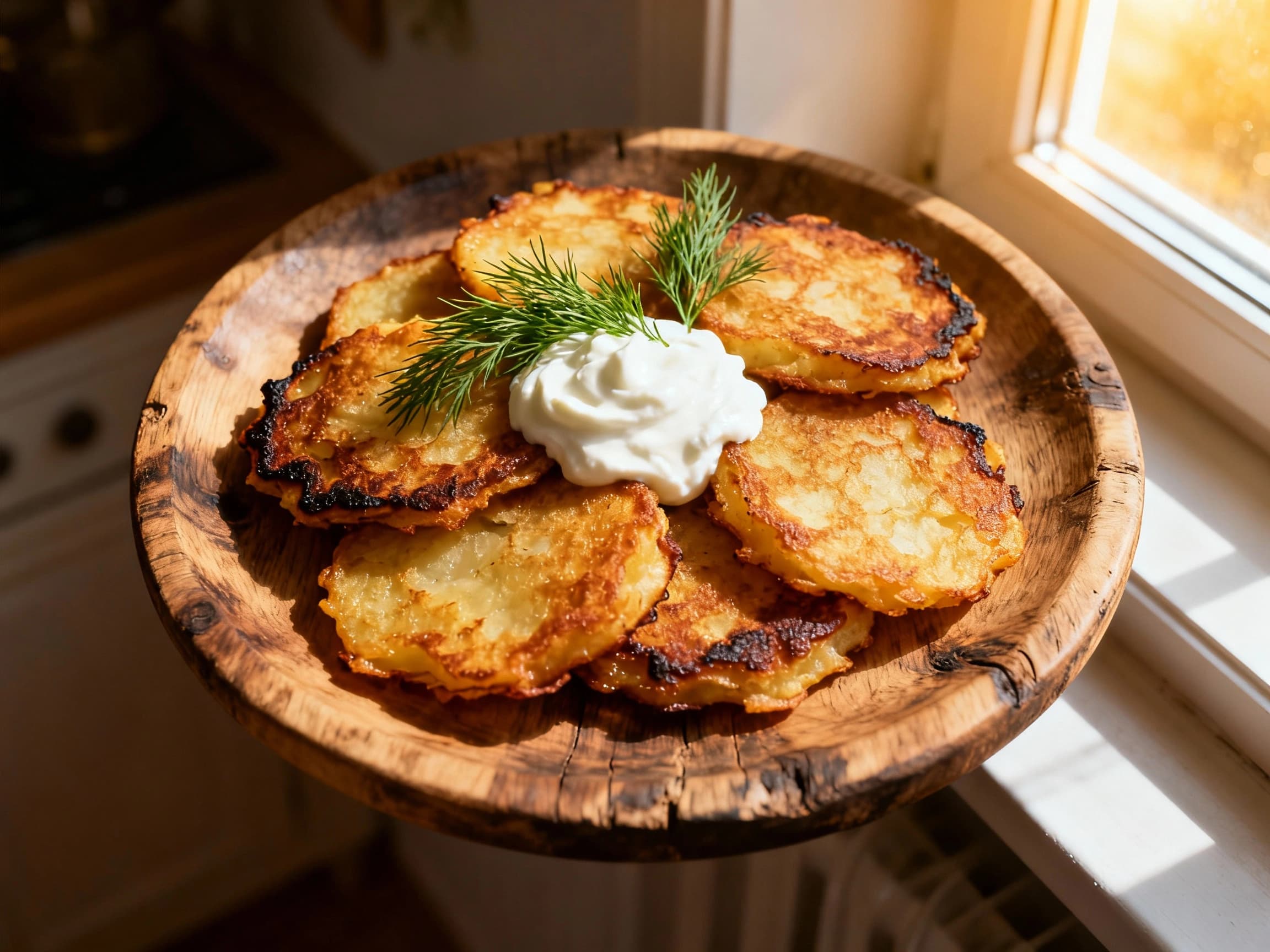 A close-up, overhead view of a festive platter showcasing several perfectly fried Placki Ziemniaczane (potato pancakes). Each pancake is golden and slightly irregular in shape, indicating a homemade quality. A generous swirl of cool, white sour cream sits atop each pancake, dusted with bright red paprika, creating a visually appealing contrast. The background is softly blurred, keeping the focus o