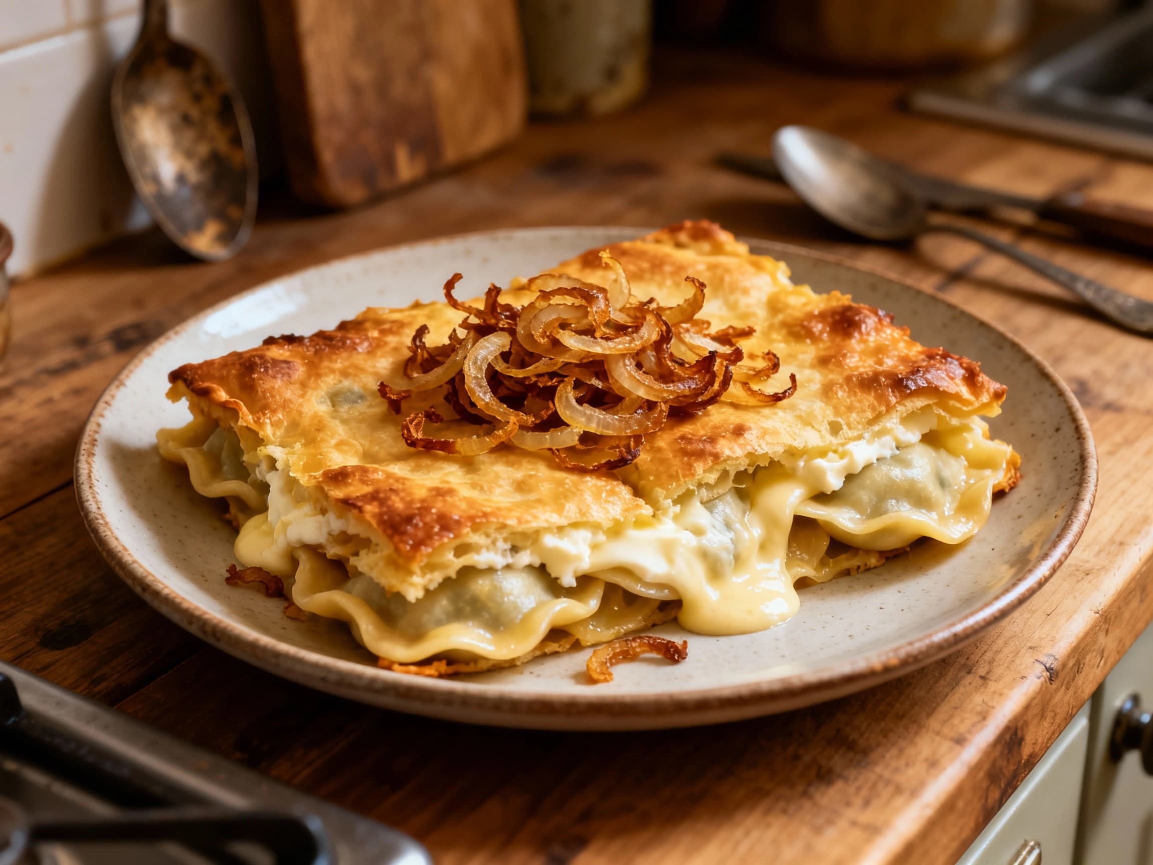 A close-up shot of a golden-brown baked pierogi casserole topped with crispy fried onions, presented in a rustic baking dish on a wooden surface. The dish looks warm, comforting, and ready to be served, showcasing the layers of pierogi and creamy sauce beneath the onions.