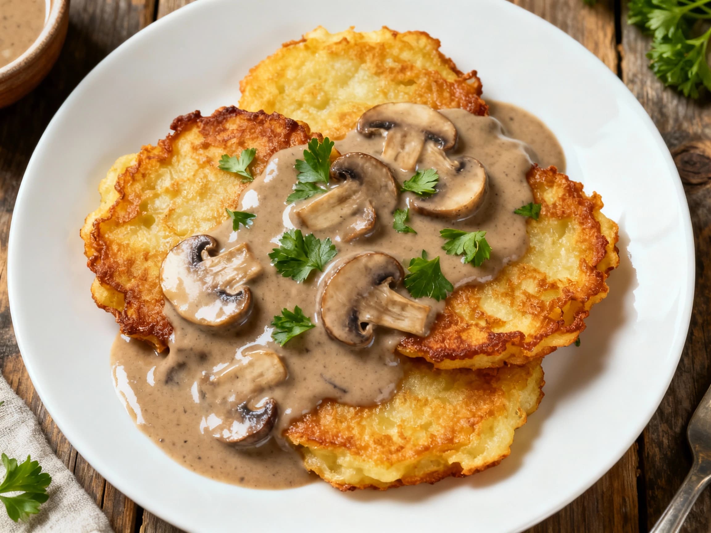 Close-up of delicious Polish potato pancakes (Placki Ziemniaczane) covered in a thick, savory mushroom gravy. Fresh green parsley sprigs are scattered on top. The image highlights the crispy edges of the pancakes and the velvety texture of the sauce, promising a hearty and comforting meal.