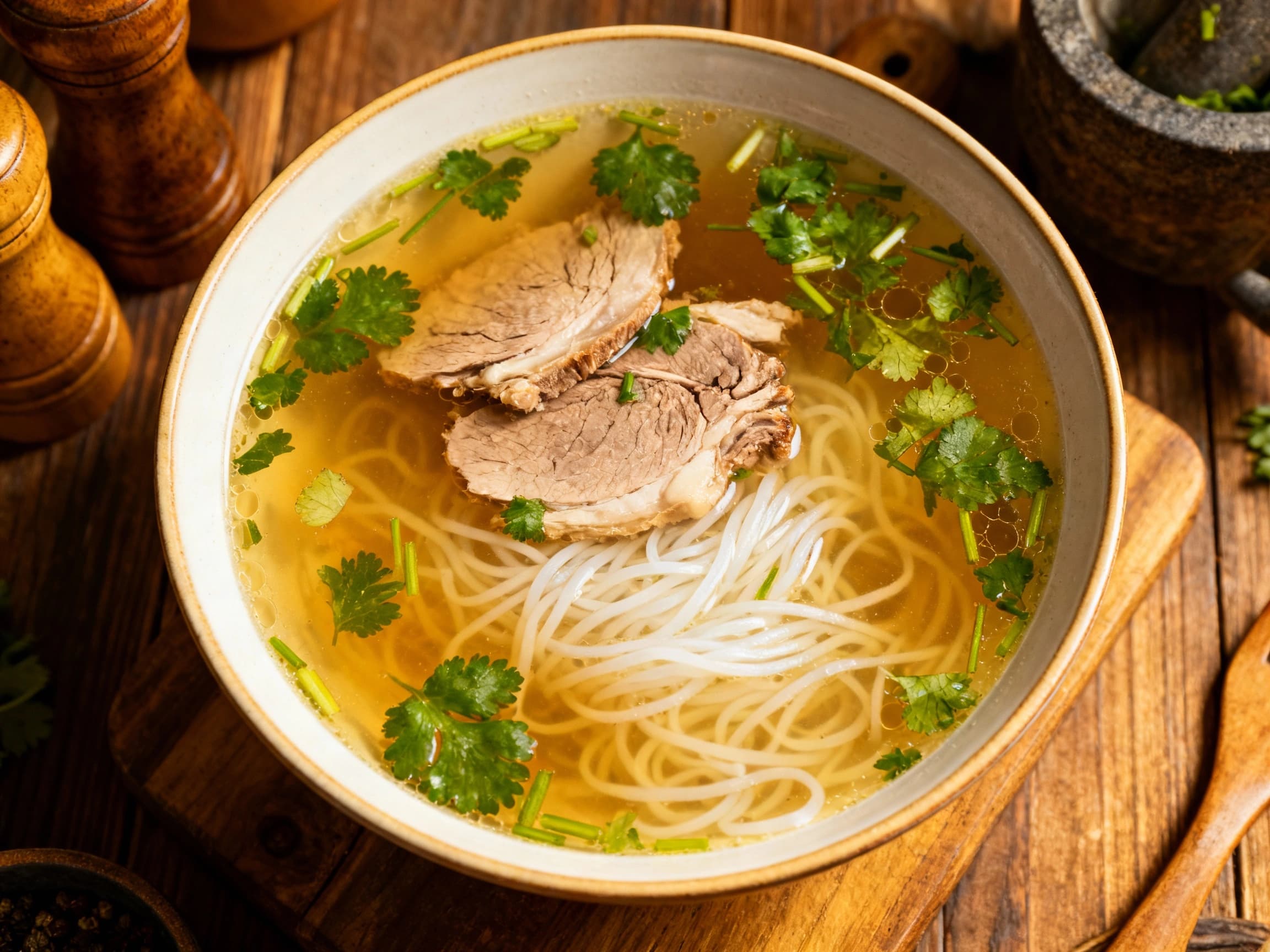 Overhead view of a delicious bowl of Rosół soup, a fusion of Polish and Vietnamese flavors. The clear, aromatic broth is filled with delicate rice noodles, tender slices of beef, and garnished generously with vibrant green cilantro and fresh mint leaves, served on a rustic wooden table in warm, inviting light.