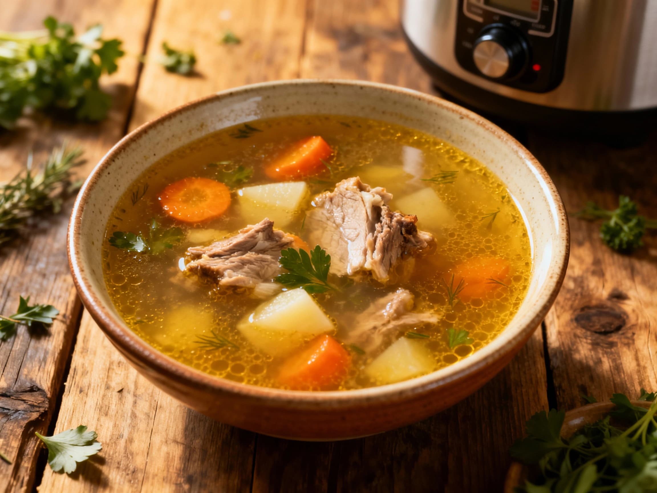 A comforting clear, golden chicken broth soup, known as Rosół, presented in a rustic white ceramic bowl. The soup contains thin egg noodles and tender shredded chicken, topped generously with vibrant green chopped parsley. It rests on a warm, textured wooden table, bathed in soft, inviting natural light, conveying a sense of traditional Polish home cooking and coziness.
